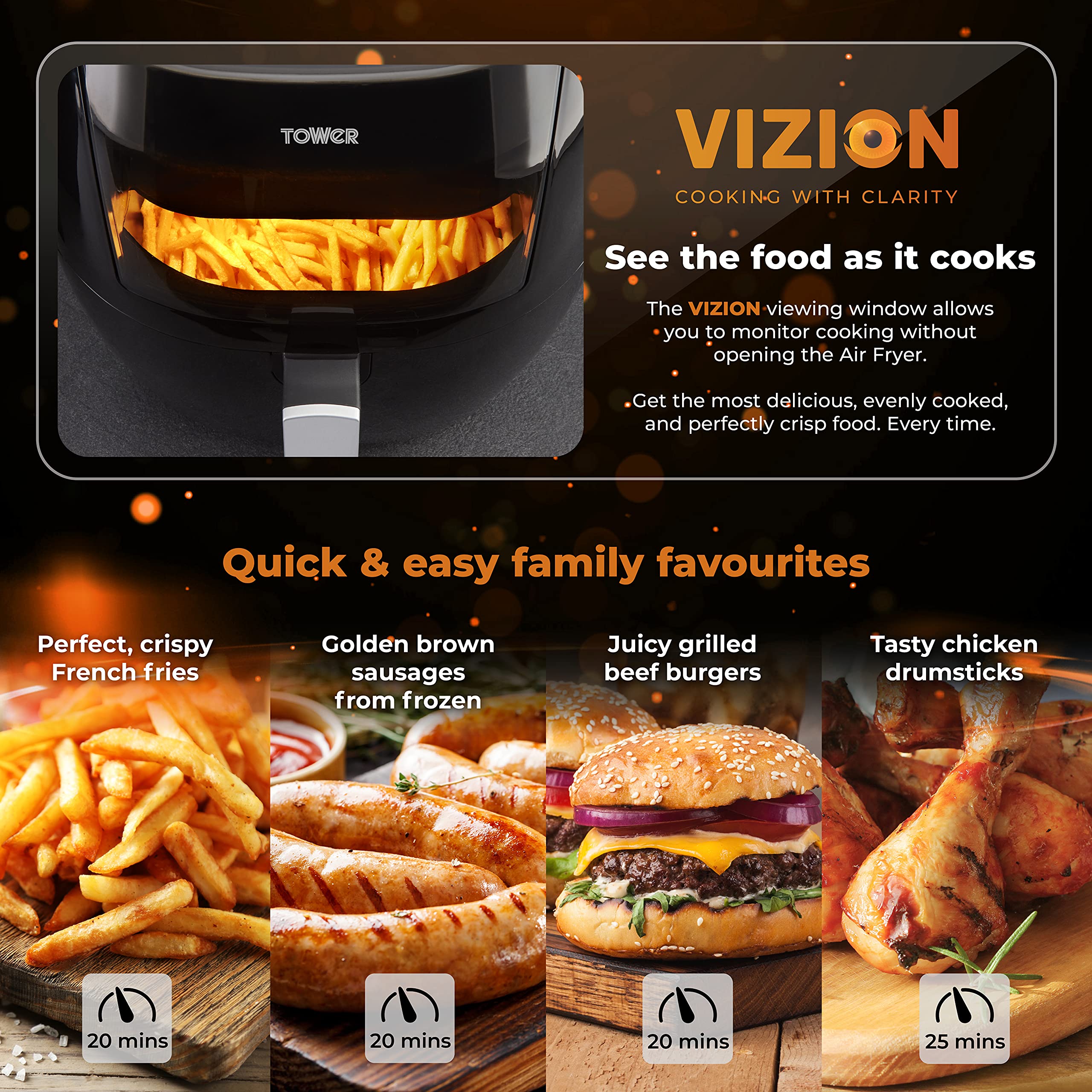 Tower T17072 Vortx Vizion Digital Air Fryer with Rapid Air Circulation, 7L, 1800W, Black