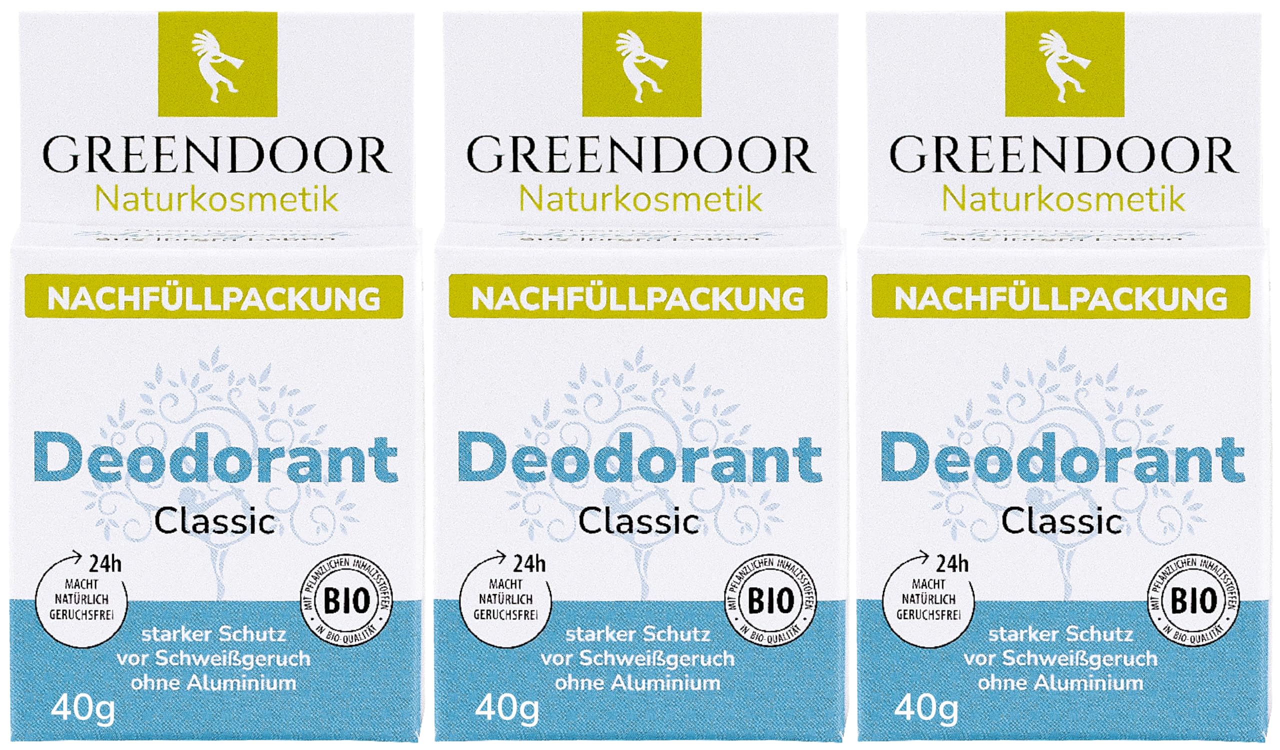 GREENDOOR Deodorant Refill System, 3 x 40 g Refills Classic, Refillable Solid Deodorant without Aluminium, Safe Strong Protection, Vegan, Subtle