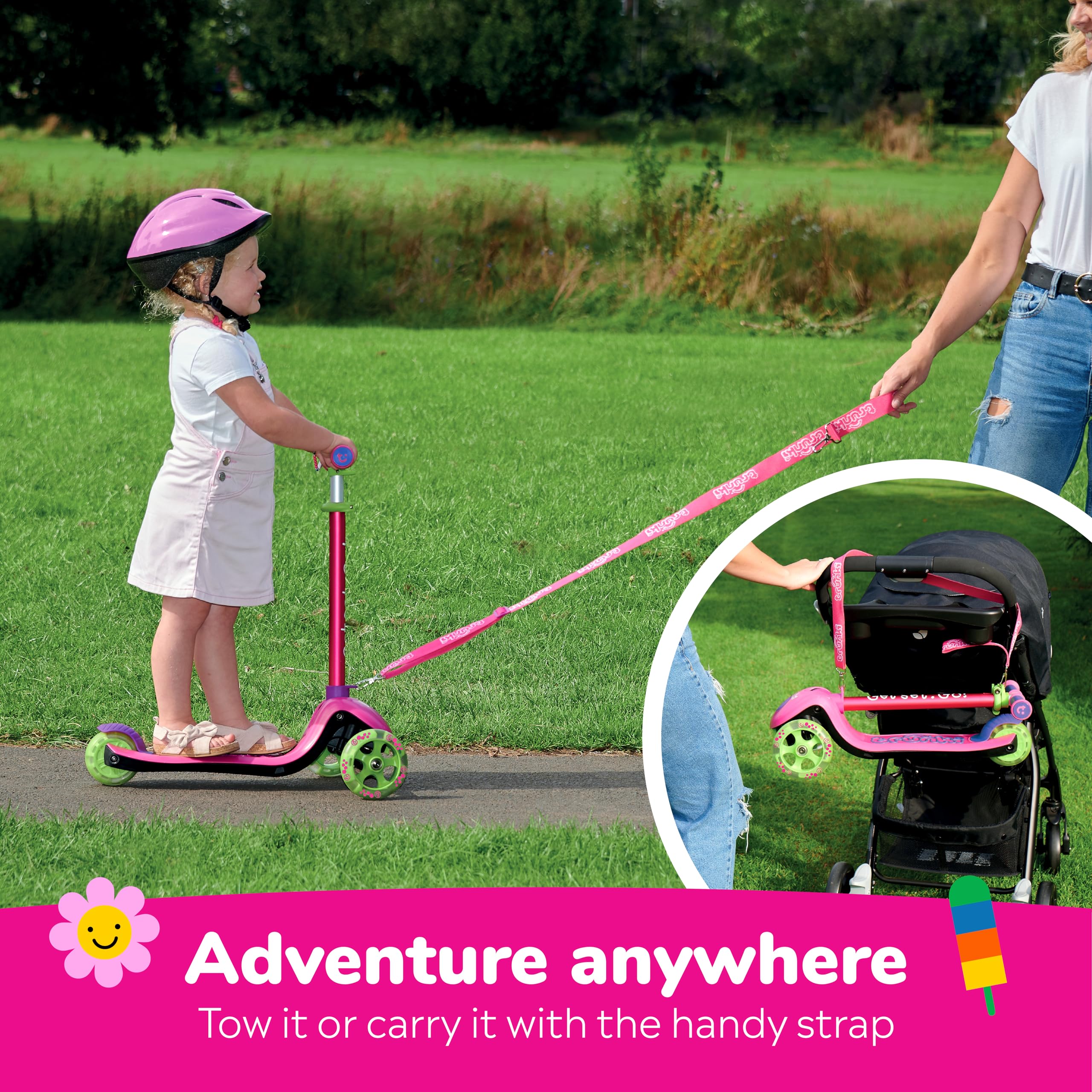 Trunki Folding 3 Wheel Kids Scooter for Girls with Tow and Carry Strap and Storage bag | Adjustable Handle Bar Height | Small Pink Scooter for Kids