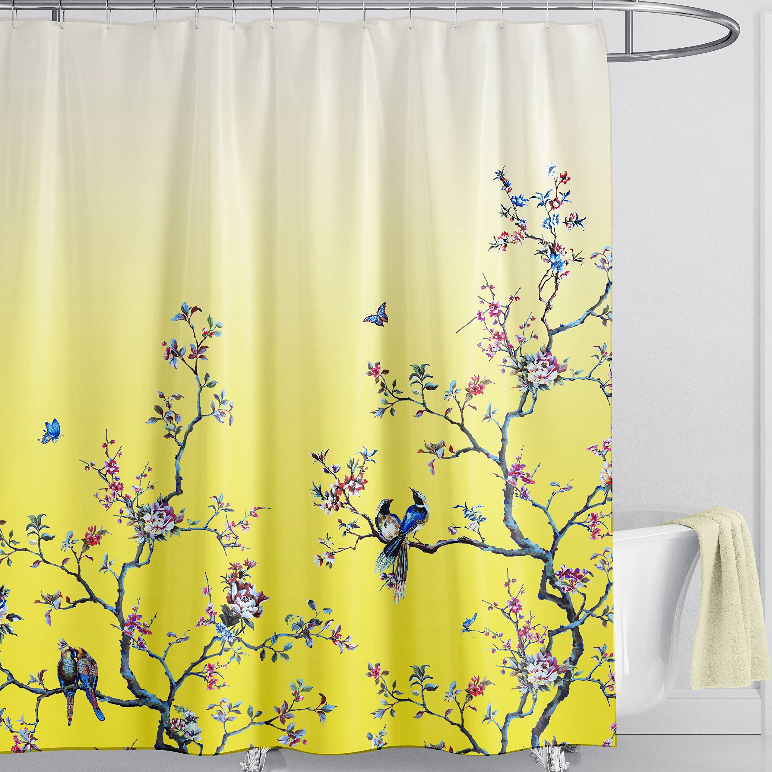 LIVETTY Yellow Bird Floral Shower Curtain 180cm ? 180cm Mould Proof Butterfly Fabric Bathroom curtain For Women & Men With 12 Hooks Washable
