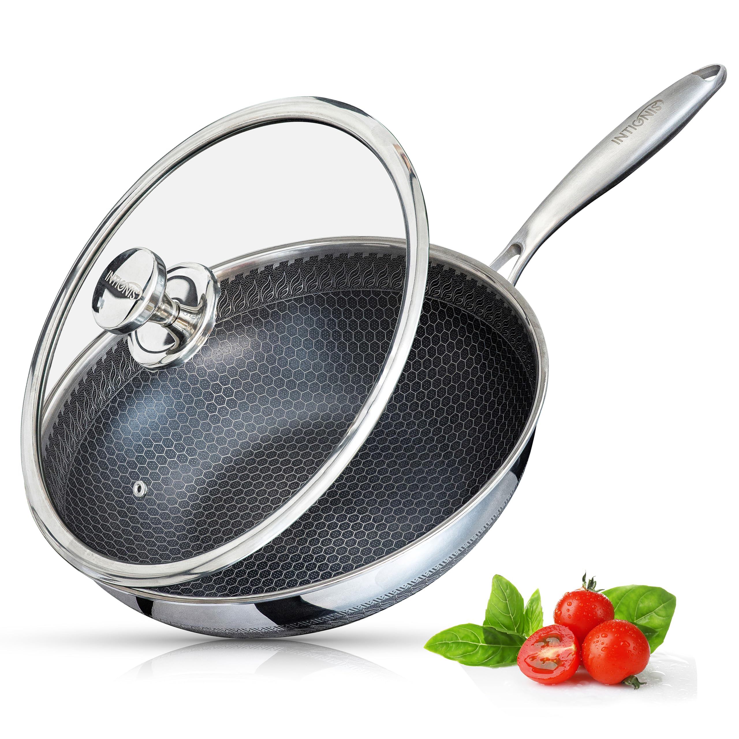 INTIGNIS Wok with Oven-Safe Lid - Anti Scratch Kitchen, for Sauting, Roasting, Broiling Large 30cm Stainless-Steel Skillet - German GREBLON