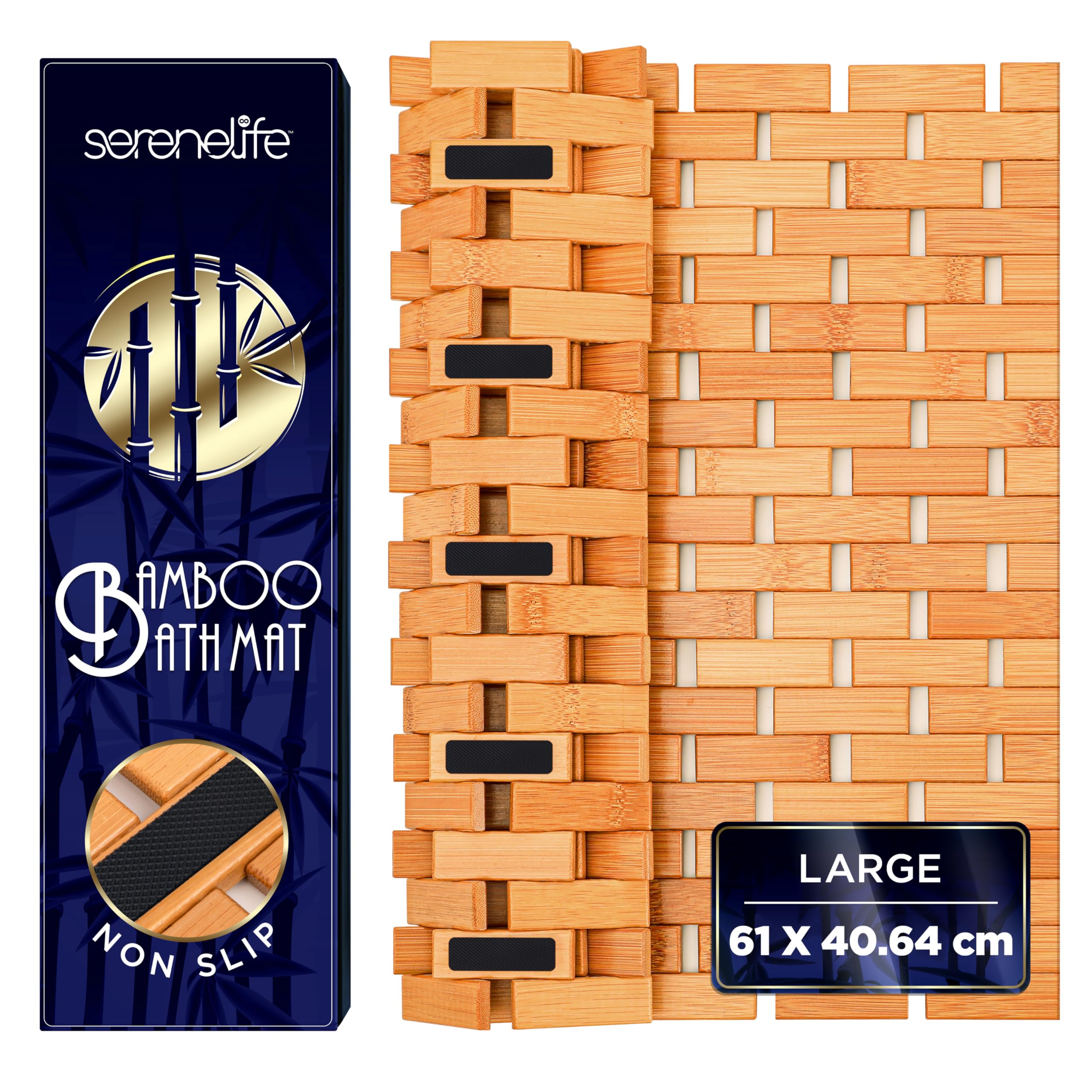 SereneLife Bamboo Bath and Shower Mat, 40x60 cm Non-Slip Floor Mat with Extra Grips, Slatted Design, Natural Finish for Bathroom, Spa, Sauna ?