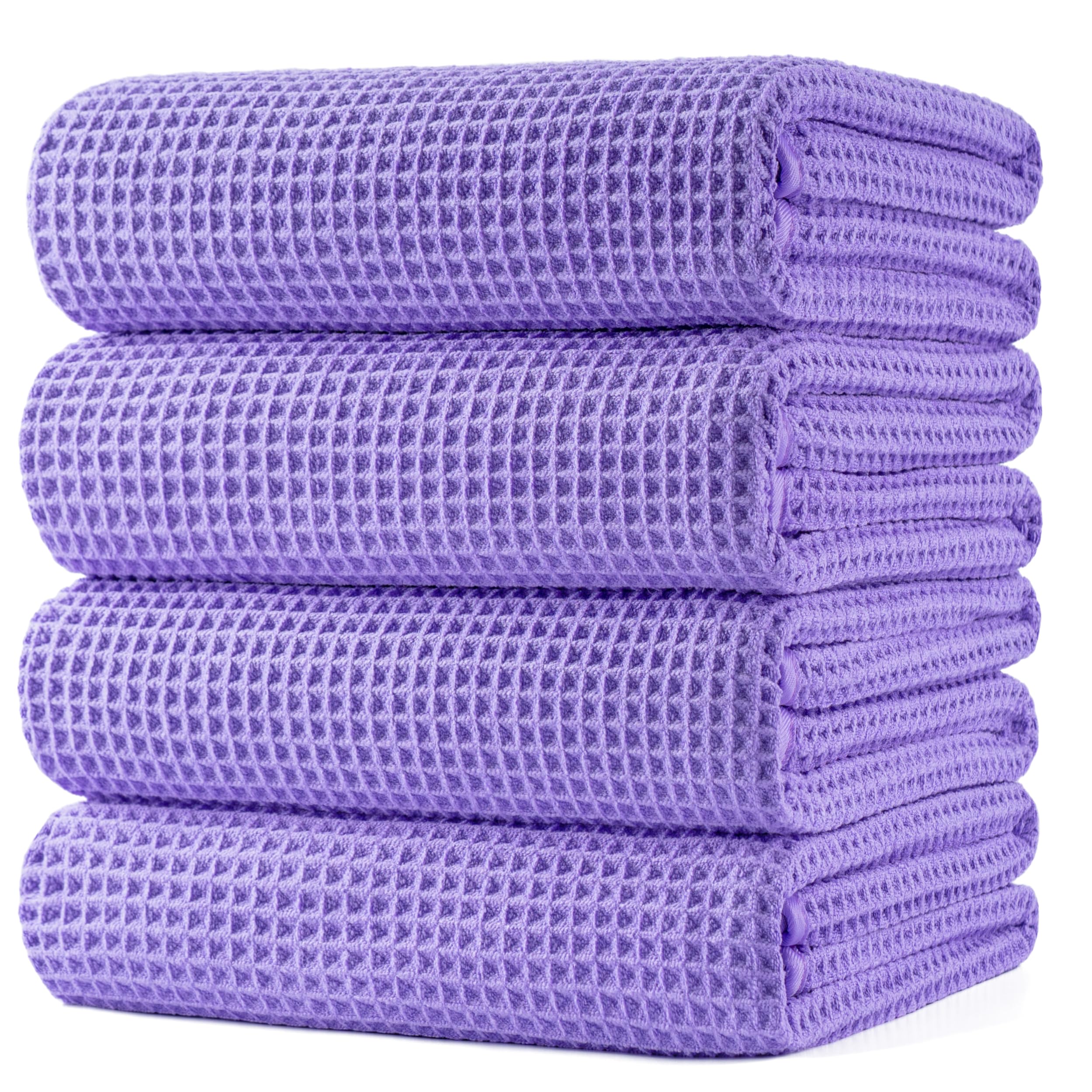 POLYTE Microfibre Oversize Quick Dry Lint Free Bath Towel, 152 x 76 cm, 4 Pack (Purple, Waffle Weave)