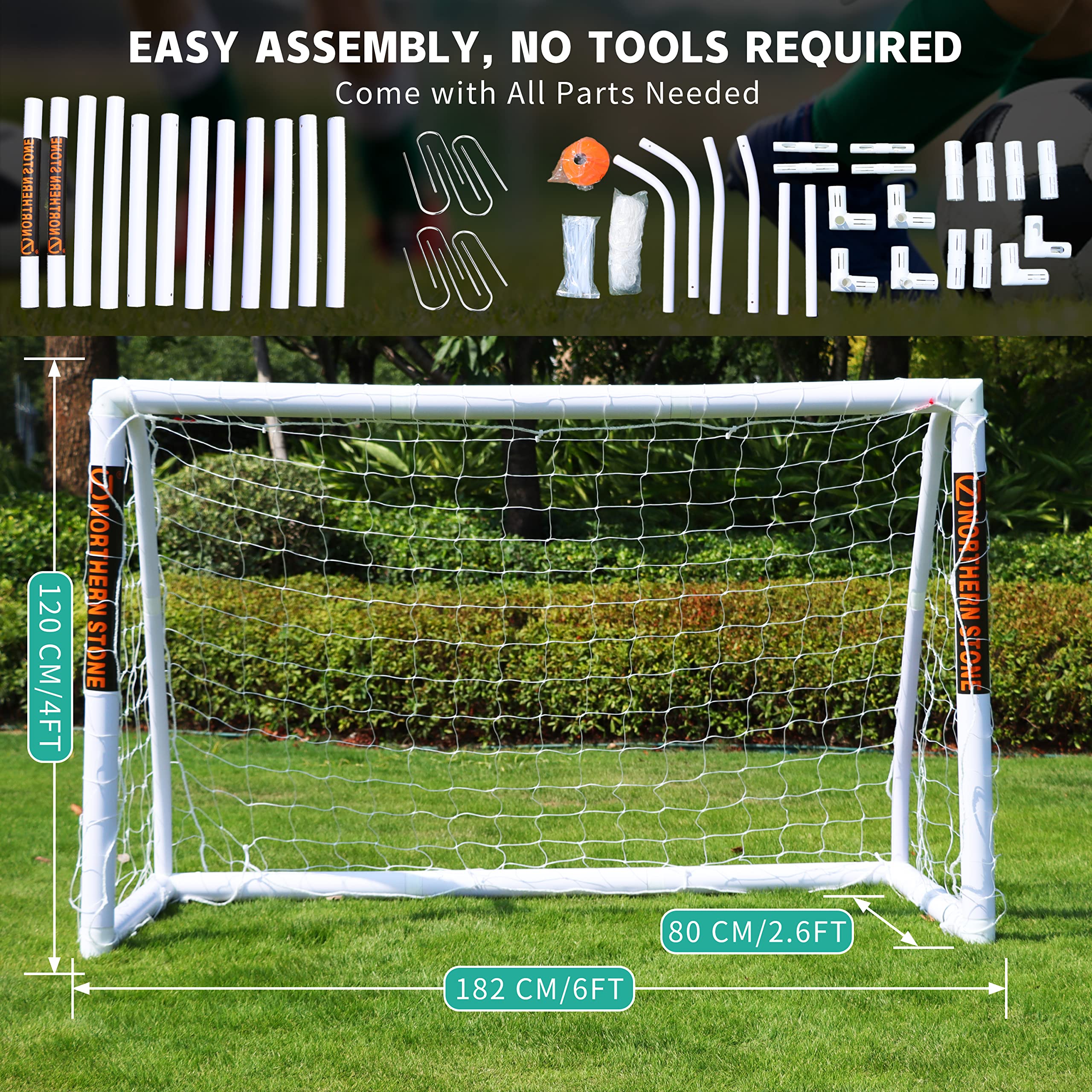 NORTHERN STONE Ultimate All Weather uPVC Football Goal 6ft x 4ft Garden Portable Football Goals 70mm Thick PVC Goal Posts + Football Net Integrated