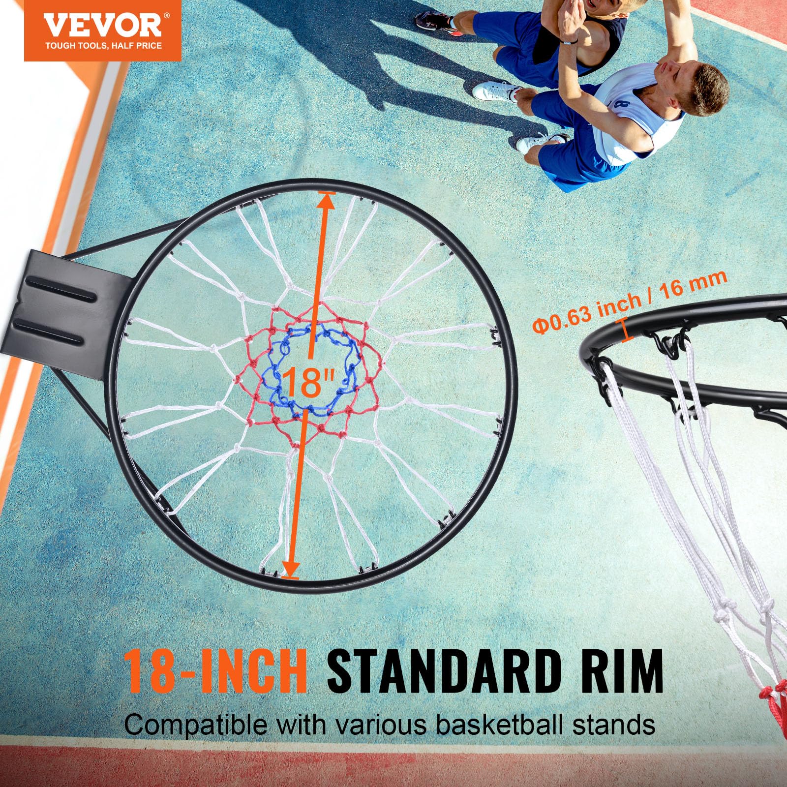 VEVOR Basketball Rim, Wall Door Mounted Basketball Hoop, Heavy Duty Q235 Basketball Flex Rim Goal Replacement with Net and Double Spring, Standard 18"