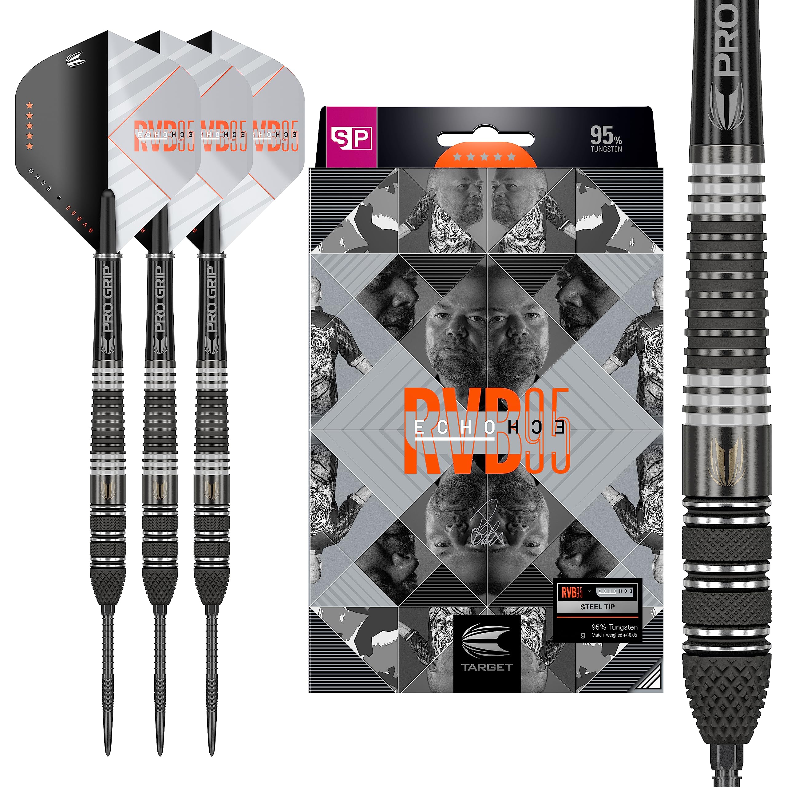 Target Darts Unisex Rvb 95 X Echo 95% Tungsten Swiss Point Set Steel Tip Darts, Black and Grey, 25G UK