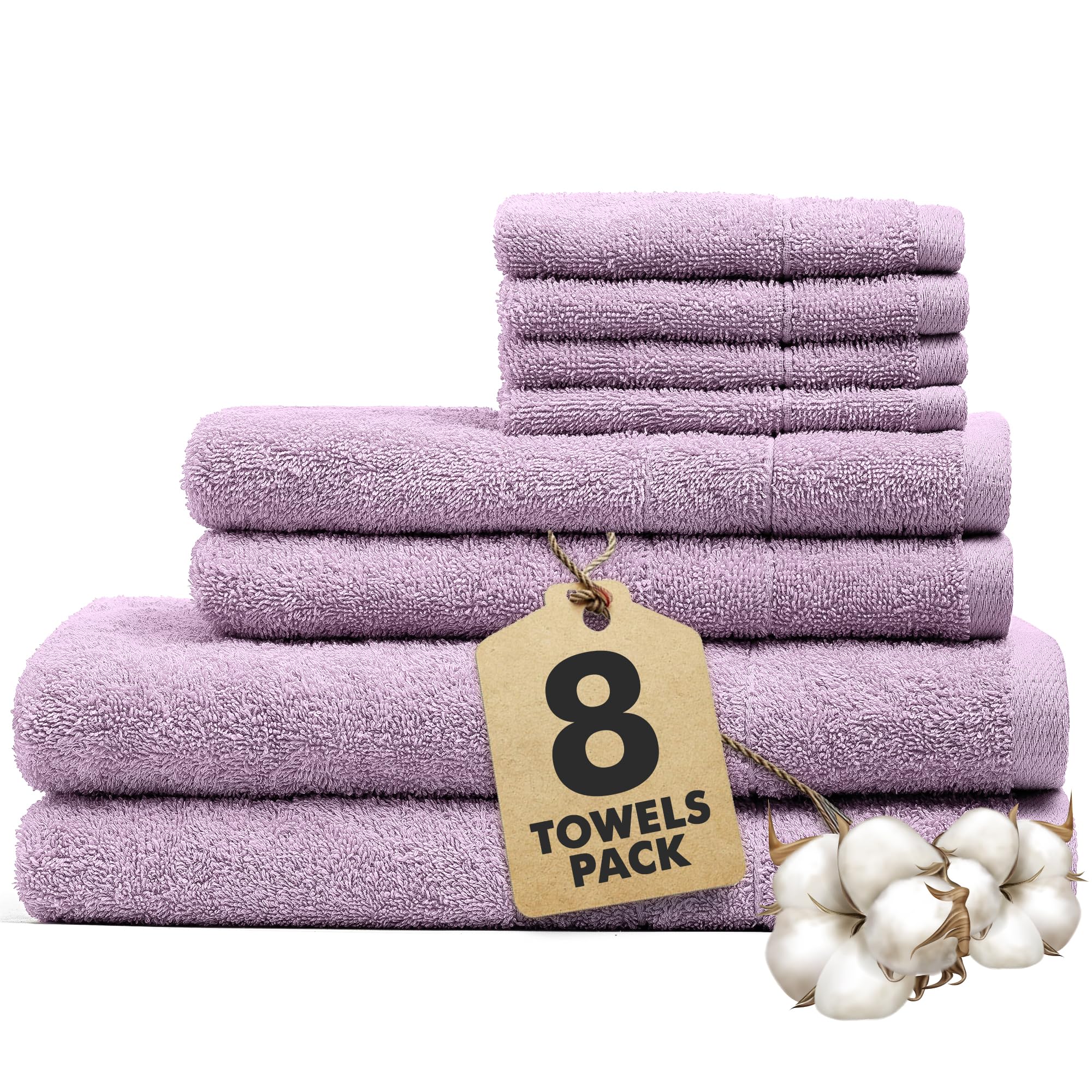 Novo Home Bath Towels Set of 8 ? 100% Cotton Lilac Towel Set Bale Includes 2 Bath, 2 Hand, 4 Face Towels ? Soft, Absorbent & Quick Dry Towel for