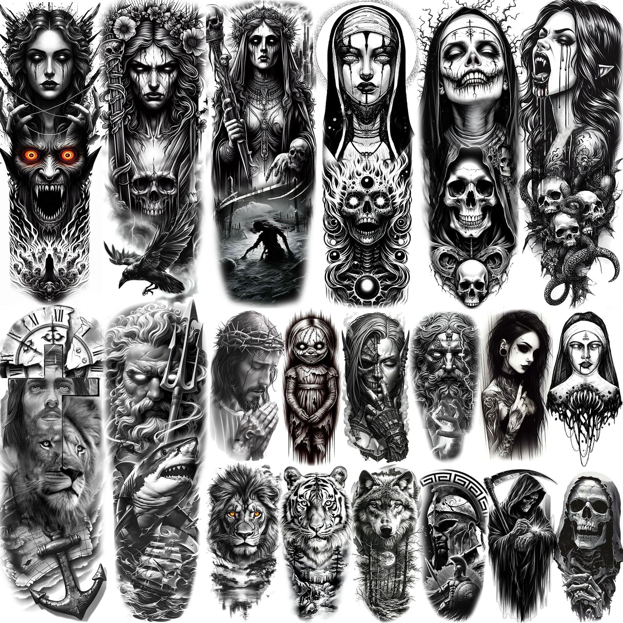 20 Sheets Gothic Full Arm Sleeve Temporary Tattoos For Men Adults Thigh, Temp Nun Girl Skull Skeleton Zeus God Jesus Christ Fake Tattoo Sleeve For