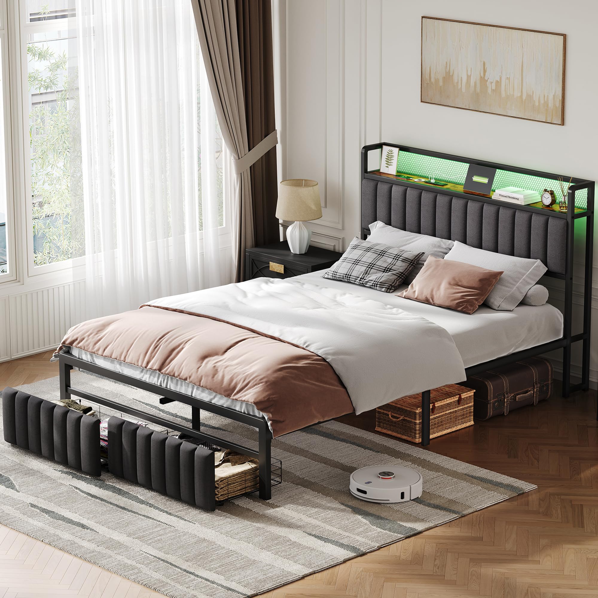 Besbed King Bed Frame with 2 Storage Drawers, Wooden Storage Headboard Shelf with LED-Light & UPS-Port. Metal Bed for Adults and Teenagers, No