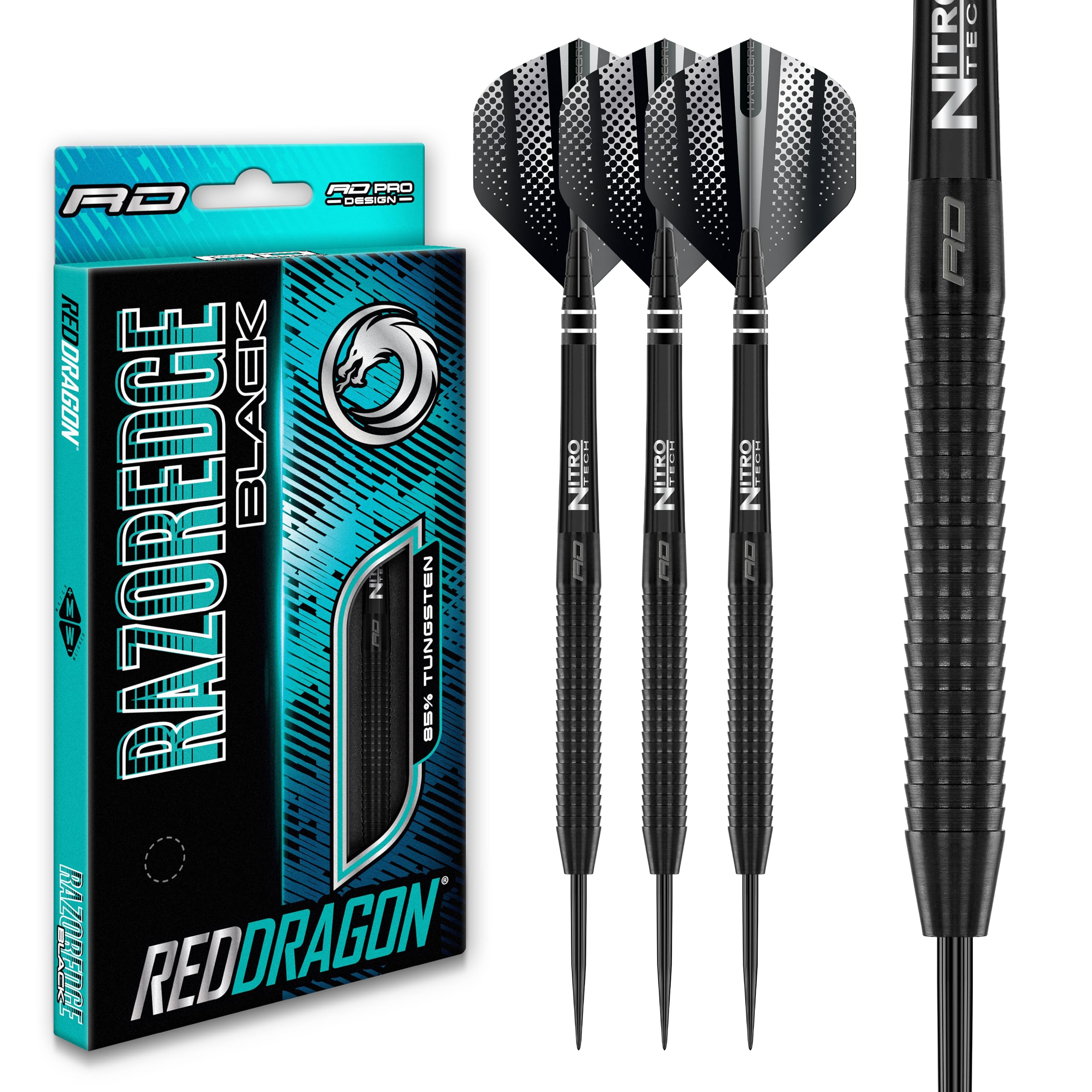 RED DRAGON Razor Edge Black 26g - Tungsten professional steel tip darts set with Dart Flights and Dart Shafts (stems)