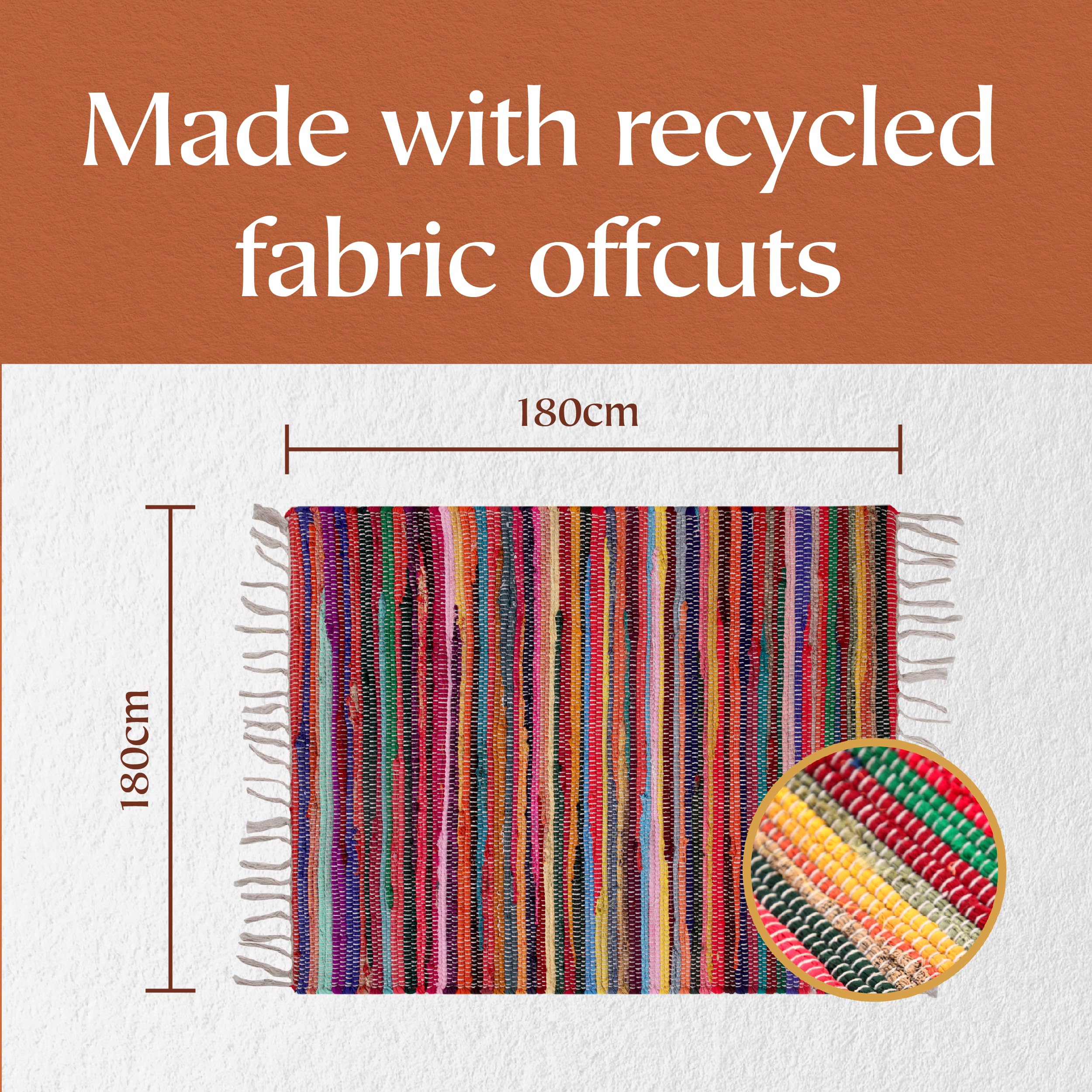 Second Nature Online - SHANTI Multi Coloured Rug | Hand Woven | Eco-Friendly: 100% Recycled Fabric | Ethically Sourced | Flat Weave (180 cm x 180 cm)