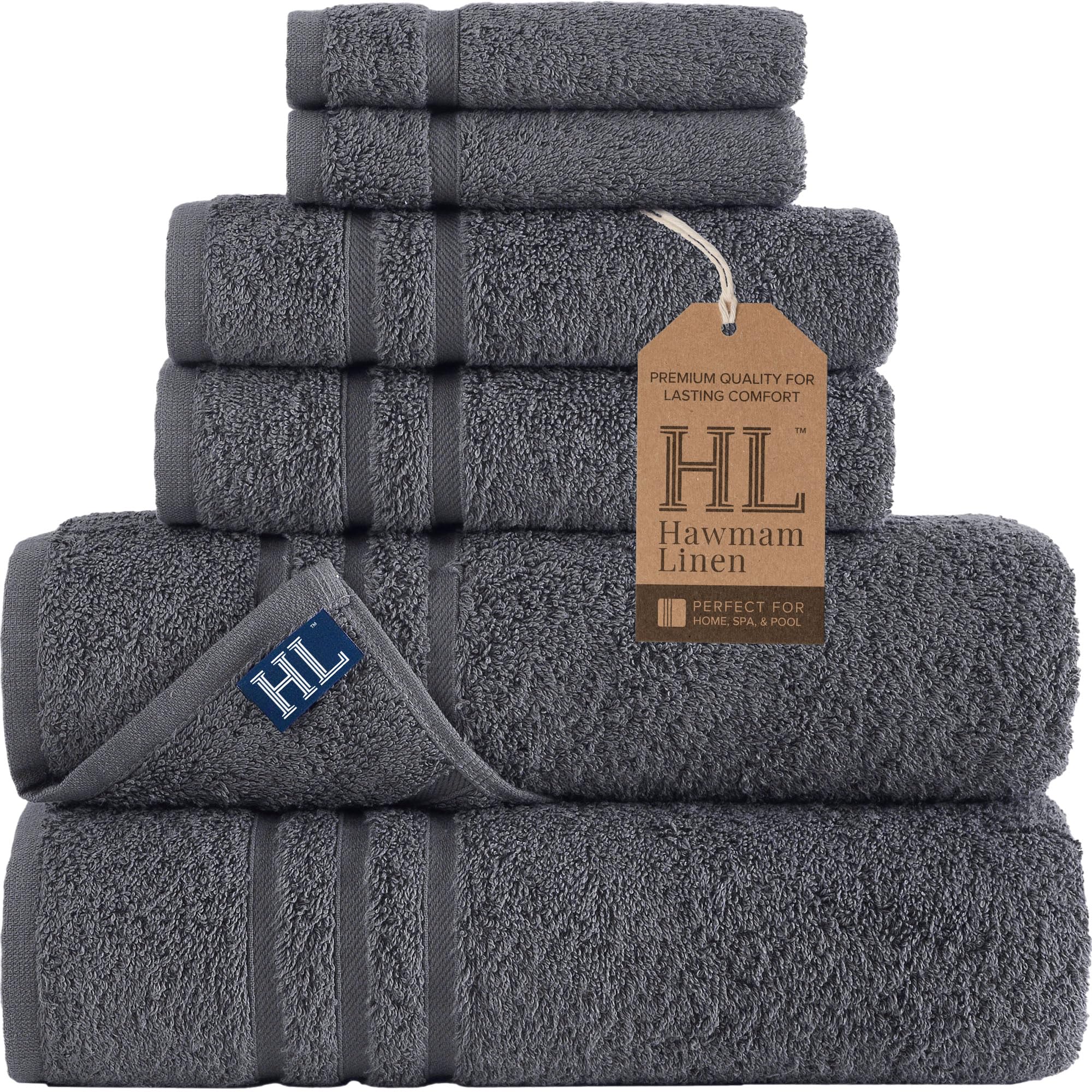 Hammam Linen 6-Piece Grey Bath Towels Set Original Turkish Cotton Soft, Absorbent and Premium Towels Set for Bathroom and Kitchen 2 Bath Towels, 2