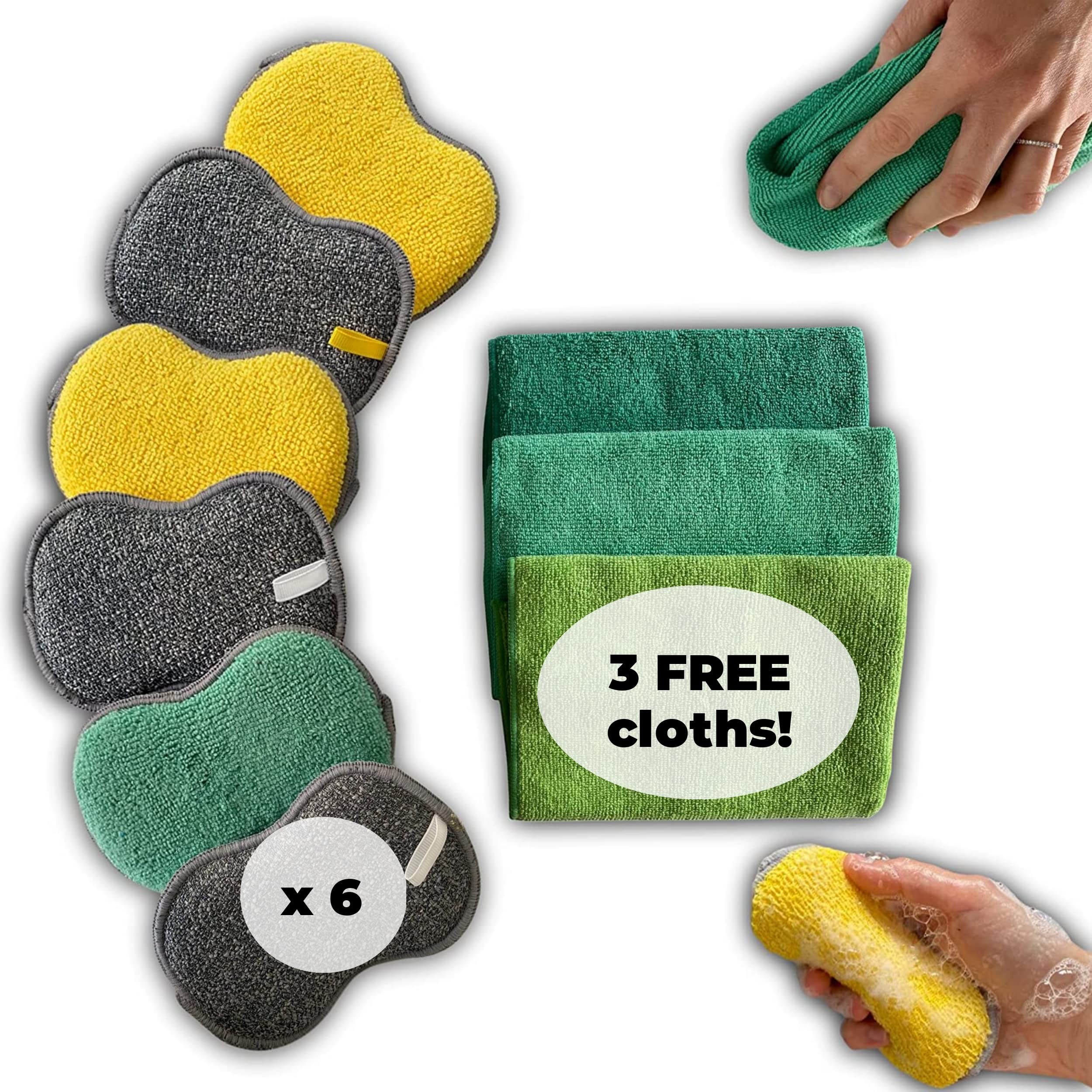 6pack Reusable Sponges Washing Up + 3 microfiber dish cloths FREE ! Bundle of cleaning products. Perfect sponge to clean surfaces, bathroom, kitchen.