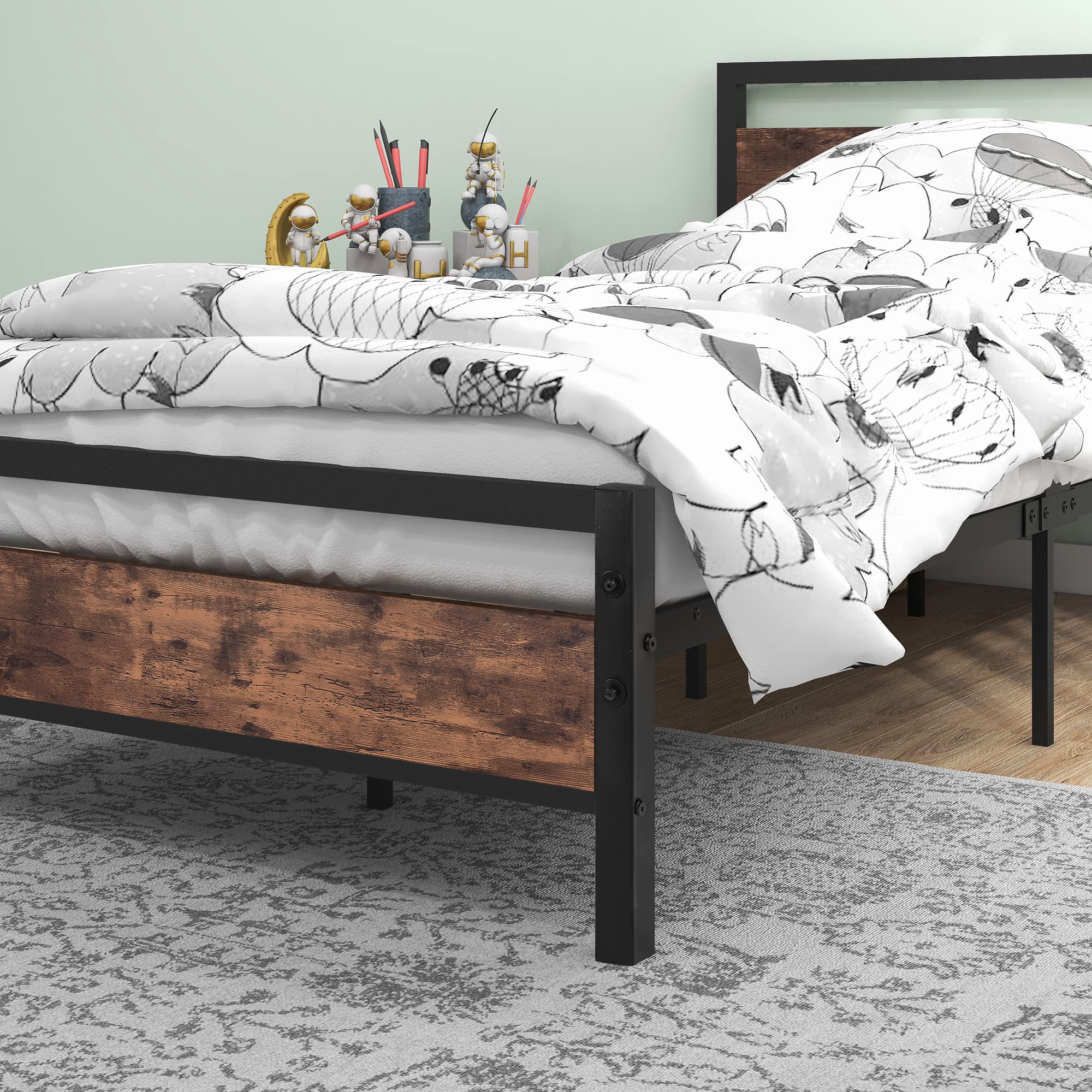 BOFENG 3ft Single Bed Frames Solid Bedstead Base with Wood Headboard,Heavy Duty Metal Platform Bed Frame No Box Spring Needed,Mattress Base/Metal Slat