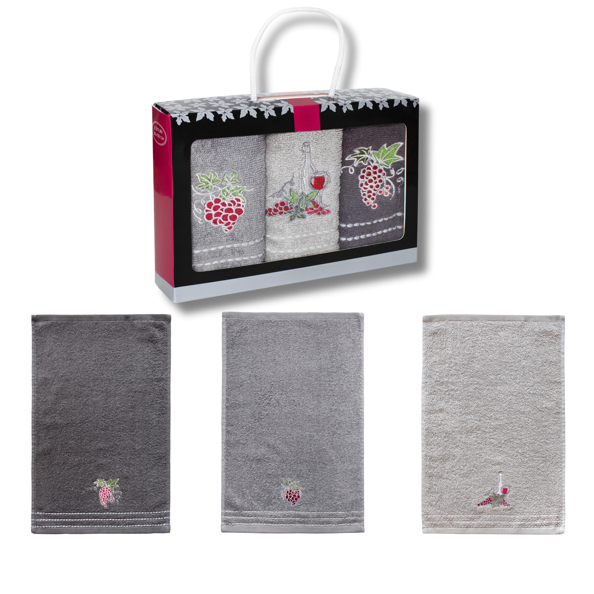 damaloo Pack of 3 Small Grape Design Hand Towels - 30 x 50 cm - Cotton Face Towels - Guest Toilet Towels - Gray