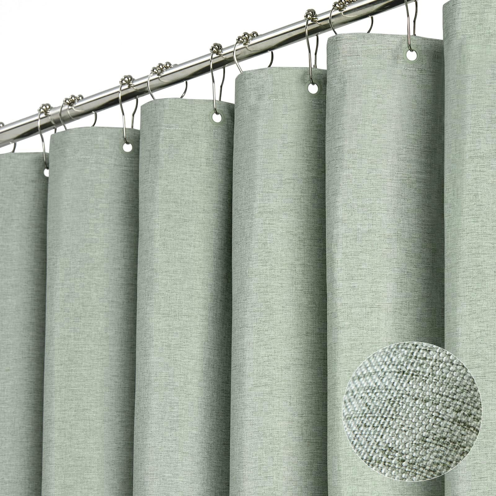 BTTN 92 x 182cm Green Linen Shower Curtain, Narrow Stall Mildew Resistant Fabric Shower Curtain Set with 6 Hooks, Weighted Hem and Waterproof, Durable