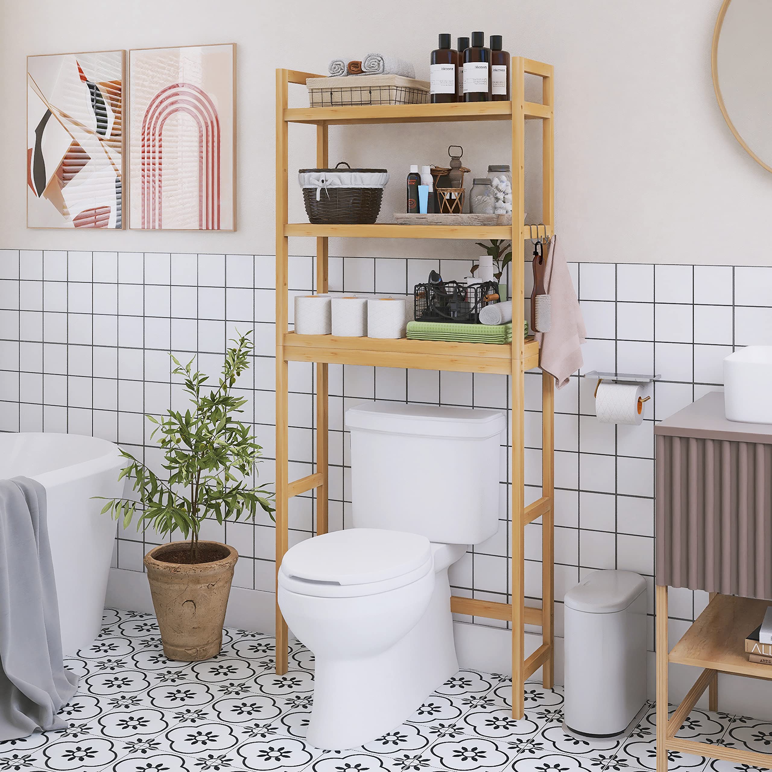 SMIBUY Bathroom Storage Shelf, Bamboo Over-The-Toilet Organizer Rack, Freestanding Toilet Space Saver with 3-Tier Adjustable Shelves (Natural)