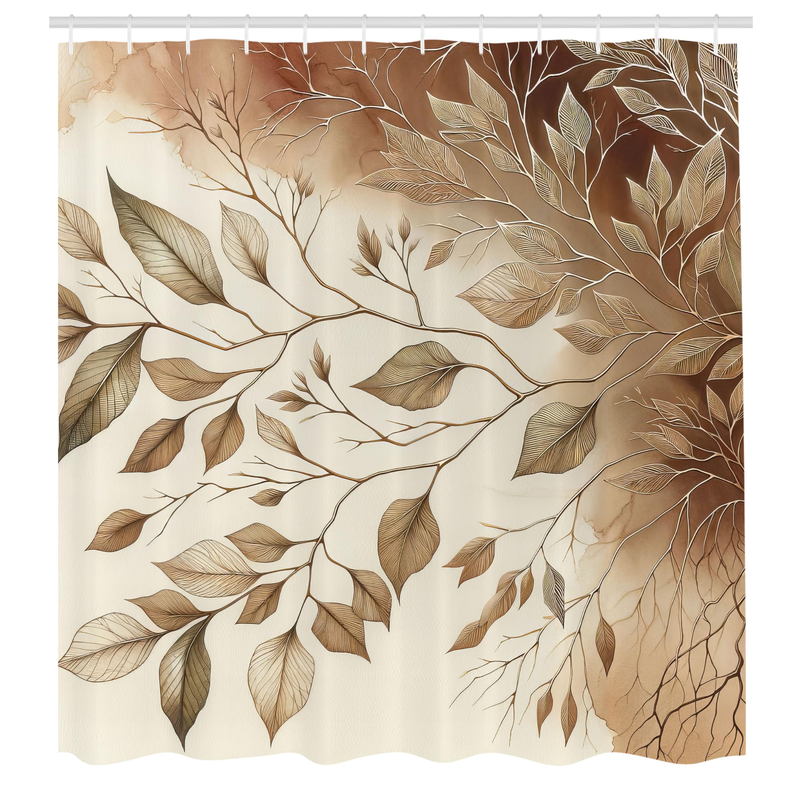 ABAKUHAUS Brown Shower Curtain, Watercolor Autumnal Branches, Cloth Fabric Bathroom Decor Set with Hooks, 175 x 200 cm, Cream Pale Caramel