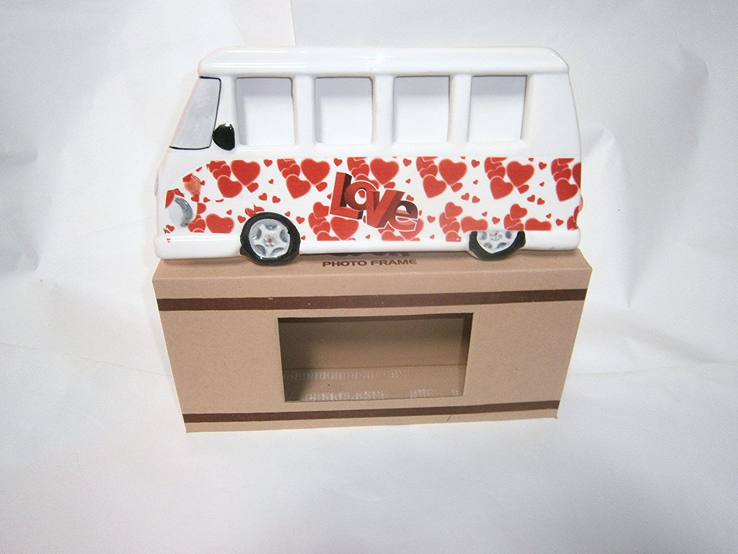 vw picture frame love bus red hearts on white background