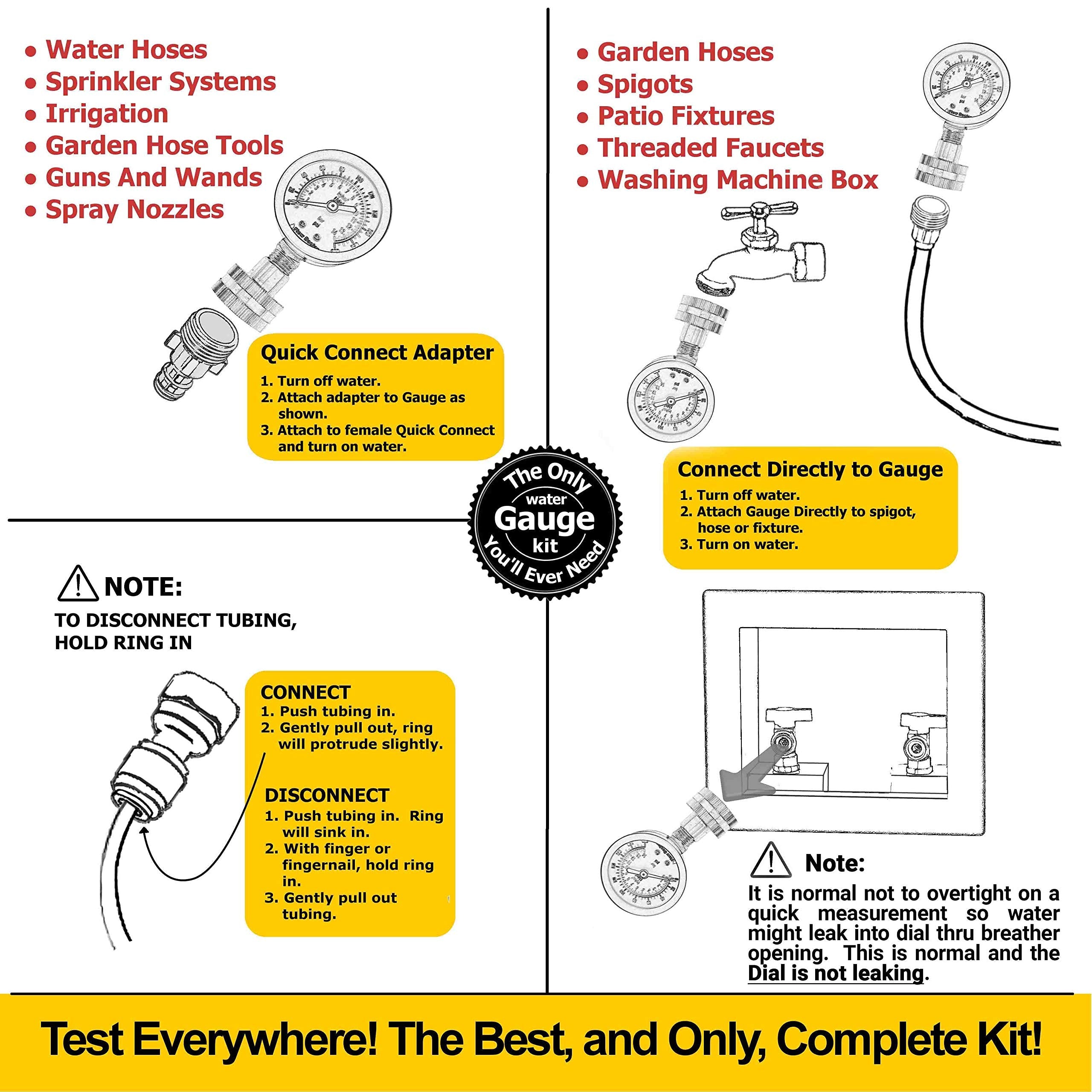 Flow Doctor Water Pressure Glycerin Filled Gauge Kit, All Purpose, 6 Parts Kit, 0 To 200 Psi, Standard 3/4" Female Garden Hose Thread Plus 5 Adapters