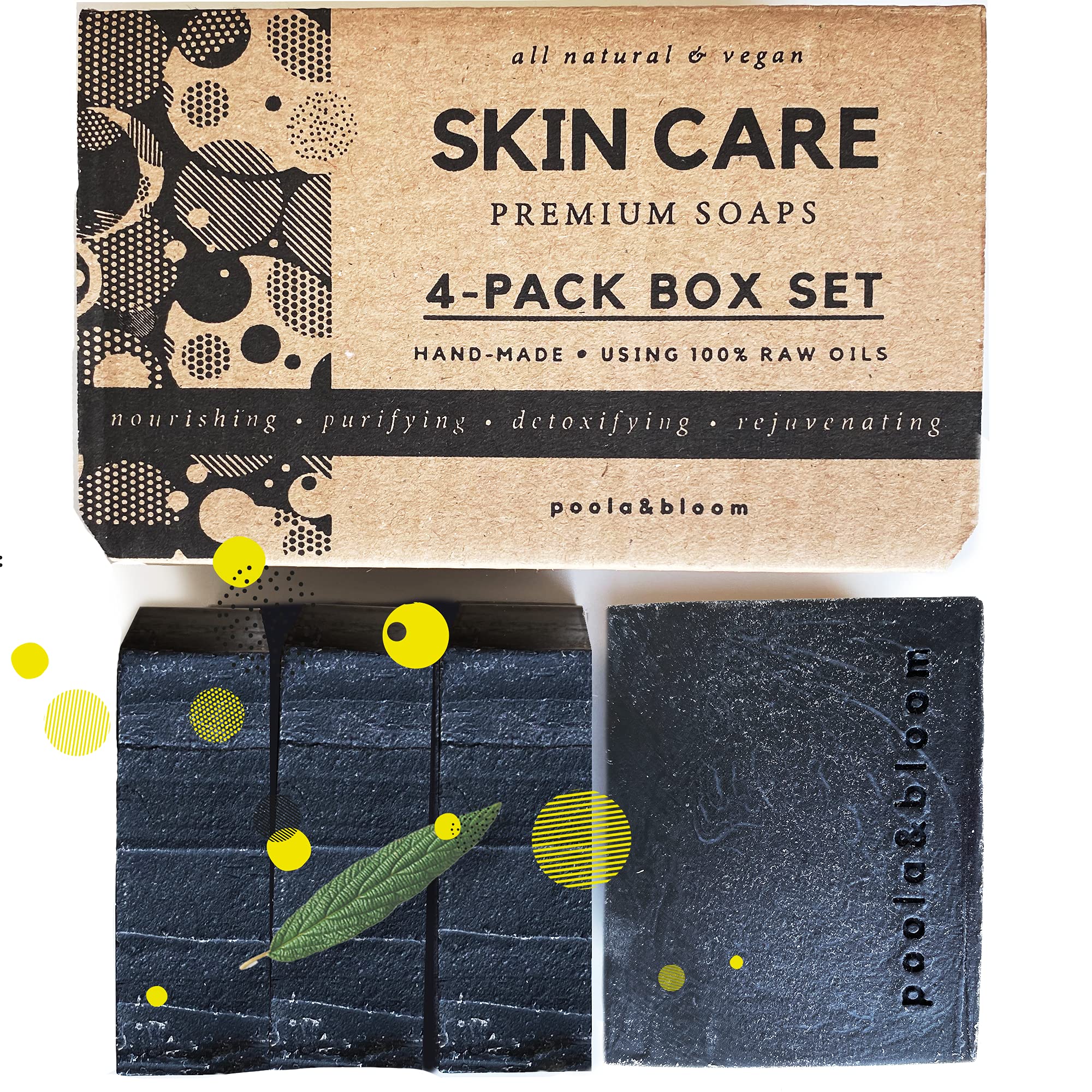 Poola & Bloom Men's Natural Exfoliating Cleansing Bar Set of 4-vegan Organic Charcoal Peppermint Deep Cleansing Handmade Suitable for Face and Body