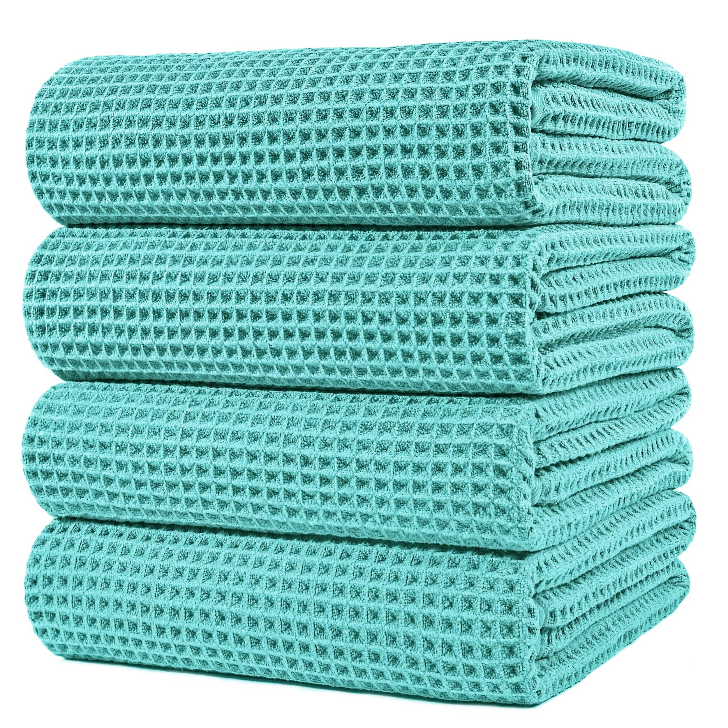 POLYTE Microfibre Oversize Quick Dry Lint Free Bath Towel, 152 x 76 cm, 4 Pack (Aqua, Waffle Weave)