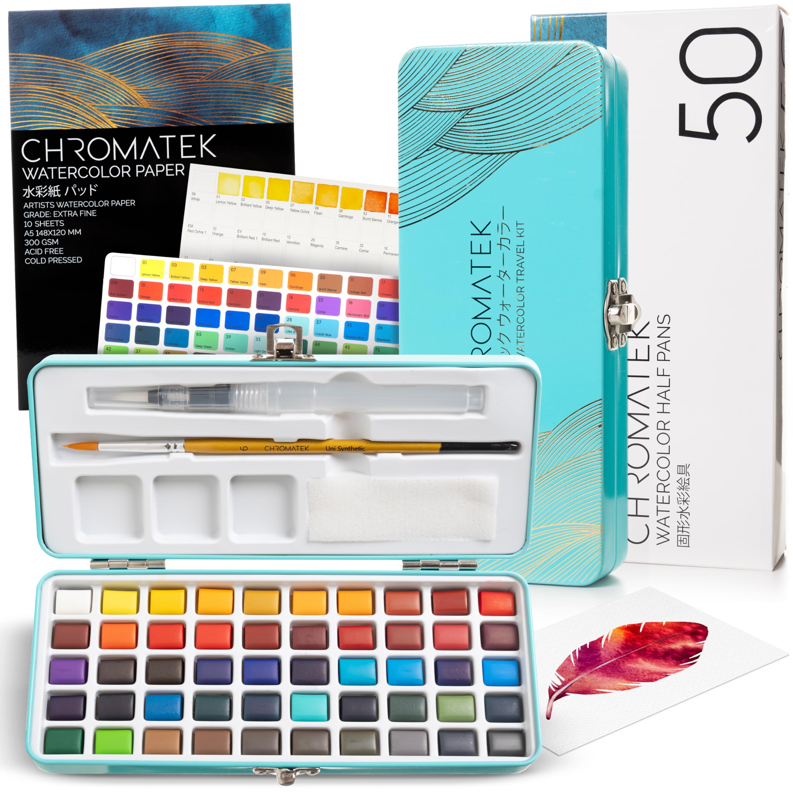 CHROMATEK Watercolour Paint Set ? 50 Vivid colours Including Transparent, Opaque & Pastel ? Art Kit with Brush, Water Pen, Palette, colour Chart,