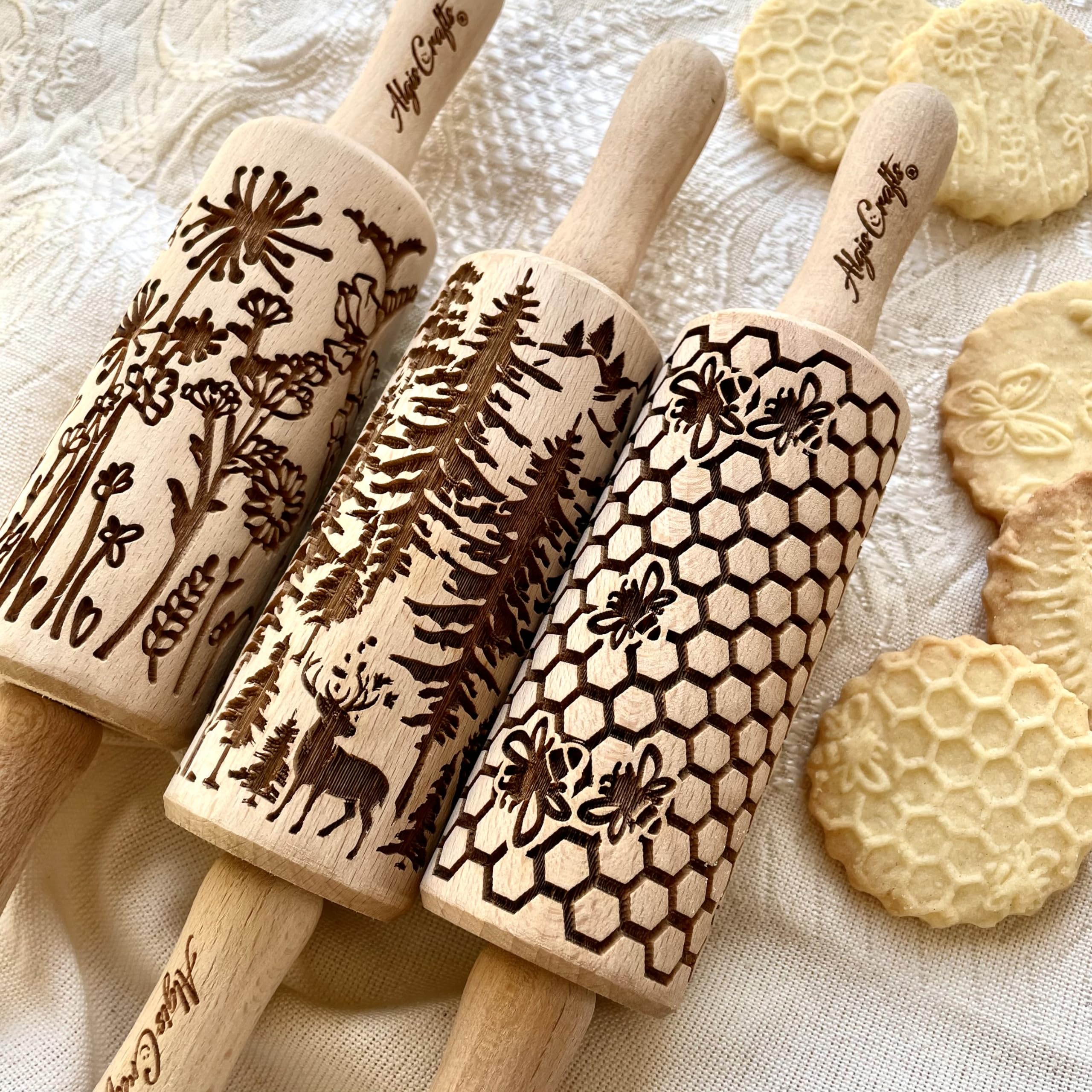 WILD 3 mini Embossed Rolling Pin Set with Bees, Meadow and Forest Patterns for Cookies and Pottery. Wooden laser engraved embossing dough roller by
