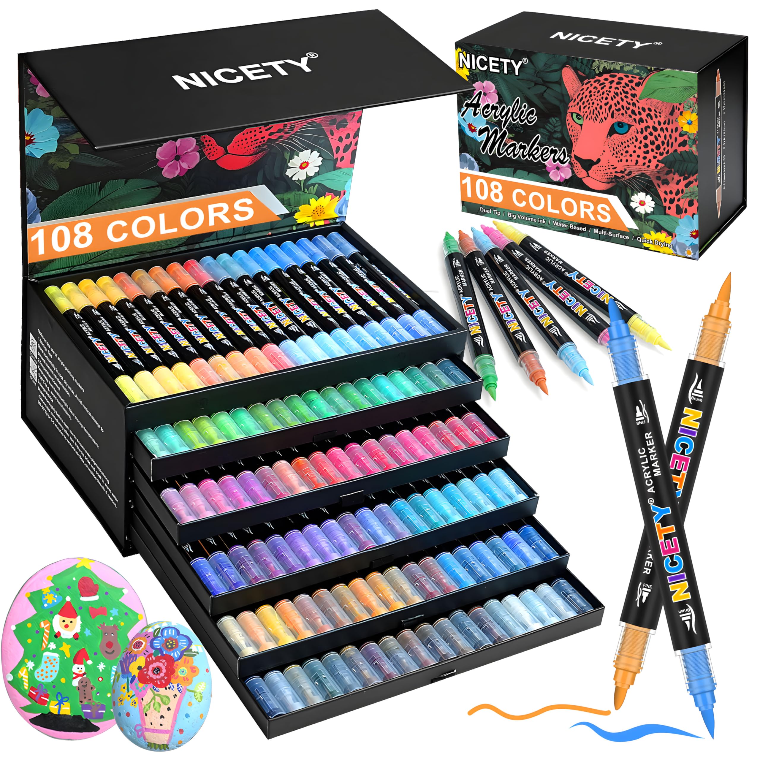 NICETY 108 Colours Acrylic Paint Pens ? Dual Tip 1?5mm Brush & 1mm Fine Markers for Rock, Wood, Glass, Fabric, Metal, Ceramic & Canvas ? Water-Based