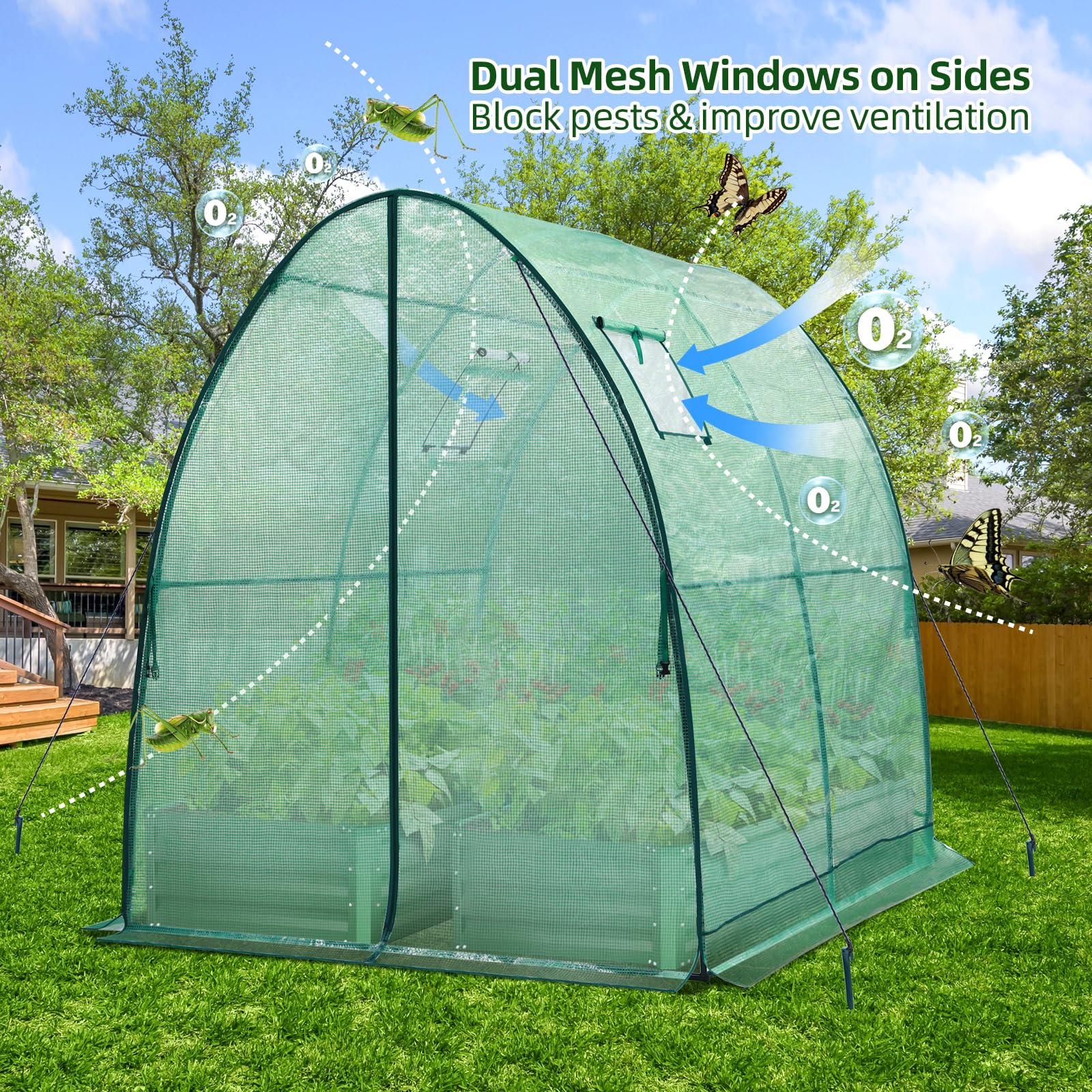 Ohuhu Portable Tunnel Greenhouse Outdoor: Heavy Duty Walk in Green House with Mesh Windows Durable Plastic PE Cover for Outside, 1.8x1.8x2m, Green
