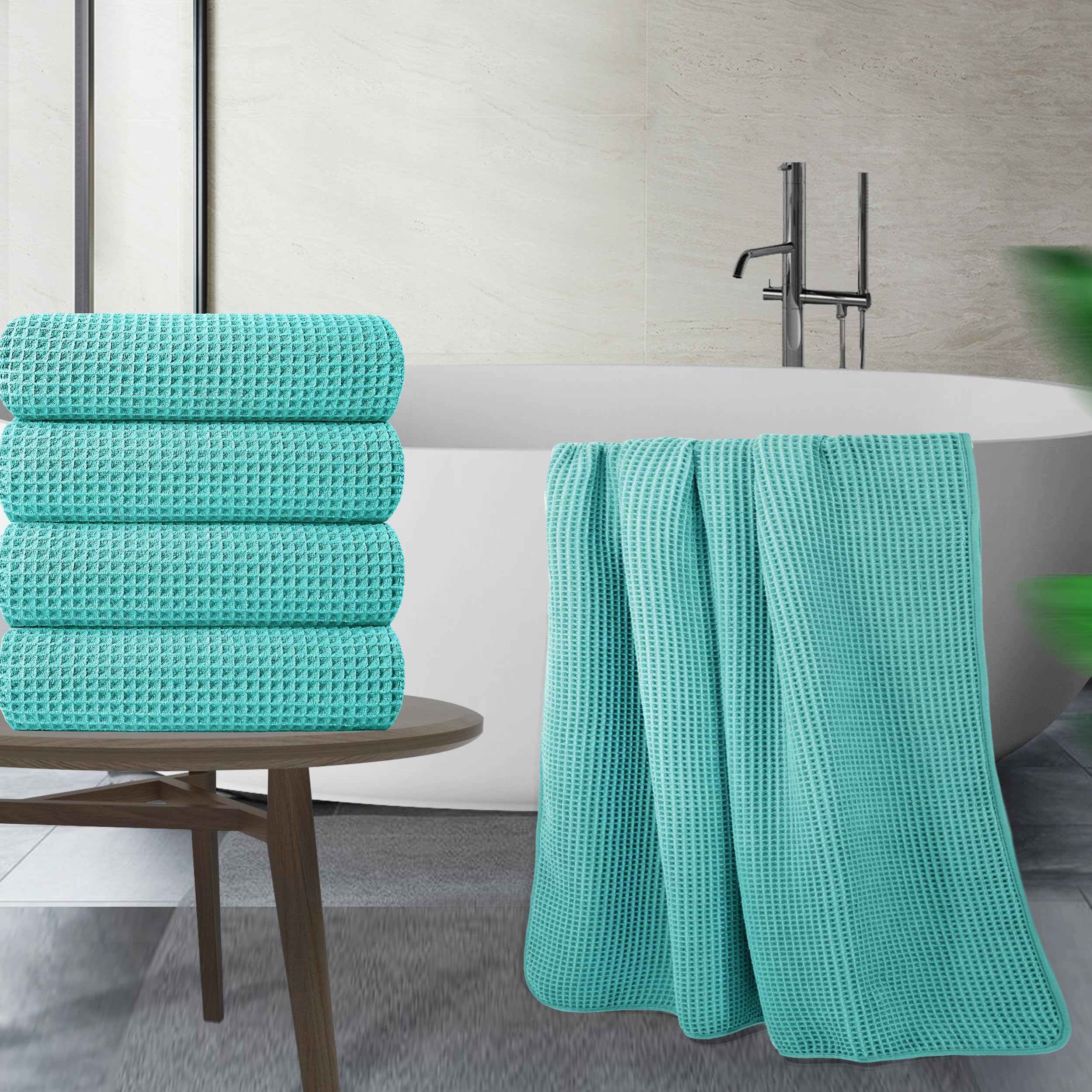 POLYTE Microfibre Oversize Quick Dry Lint Free Bath Towel, 152 x 76 cm, 4 Pack (Aqua, Waffle Weave)