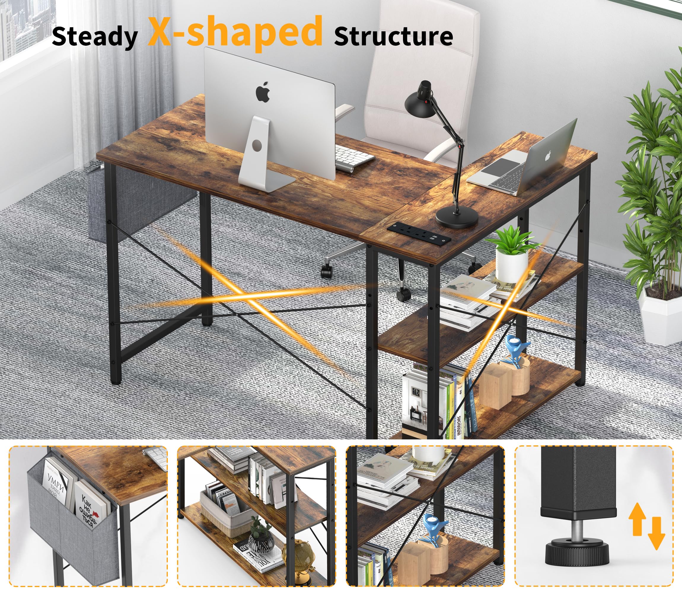 Yornoli L Shaped Computer Desk with Power Outlet, 118CM Corner Office Desk for Small Spaces with Storage Shelves, Study Work Writing Table for Home