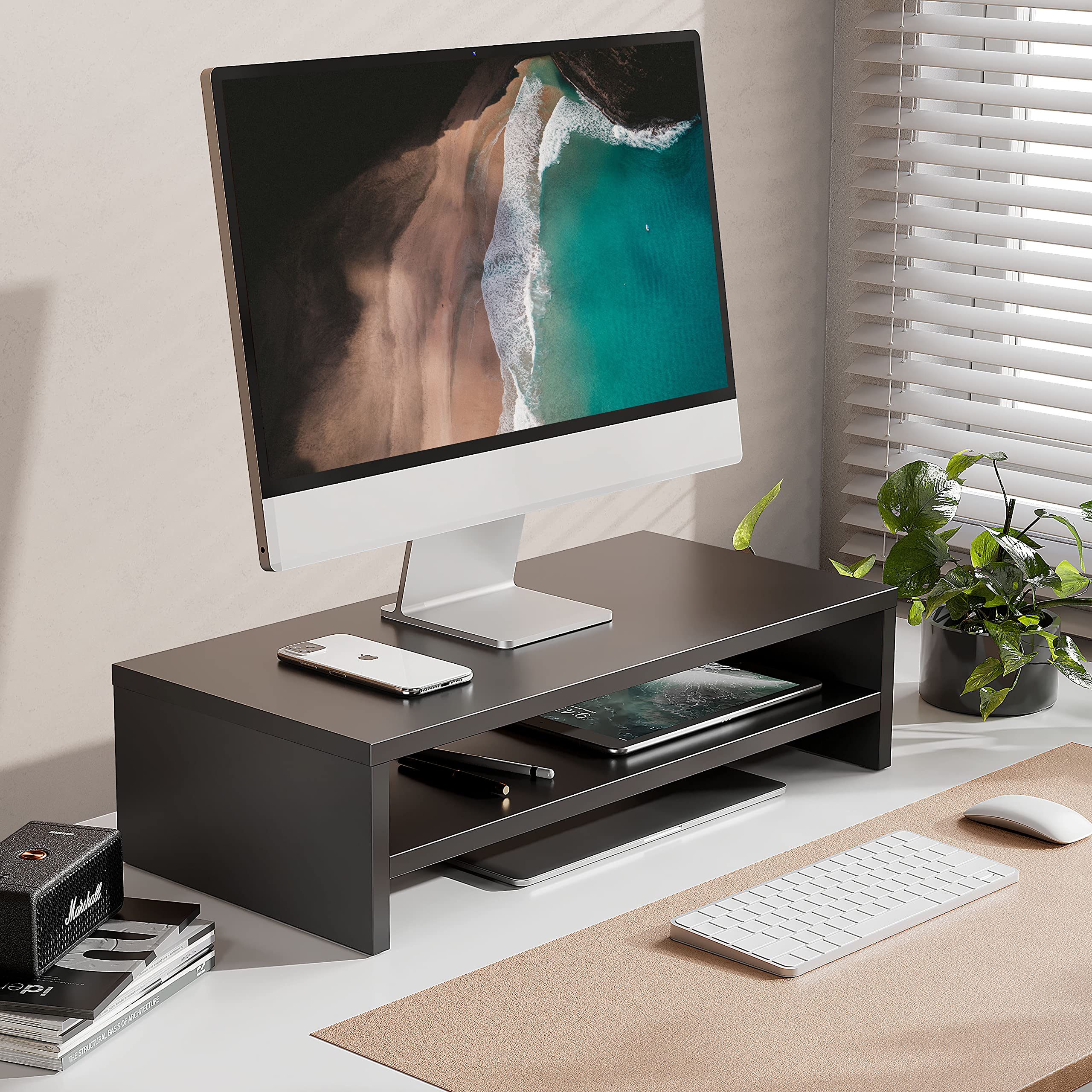 FITUEYES Monitor Stand 2 Tiers Computer Monitor Riser,54cm Wood Desktop Stand for Laptop Computer Screen Riser, with Storage Shelf, Office Supplies,