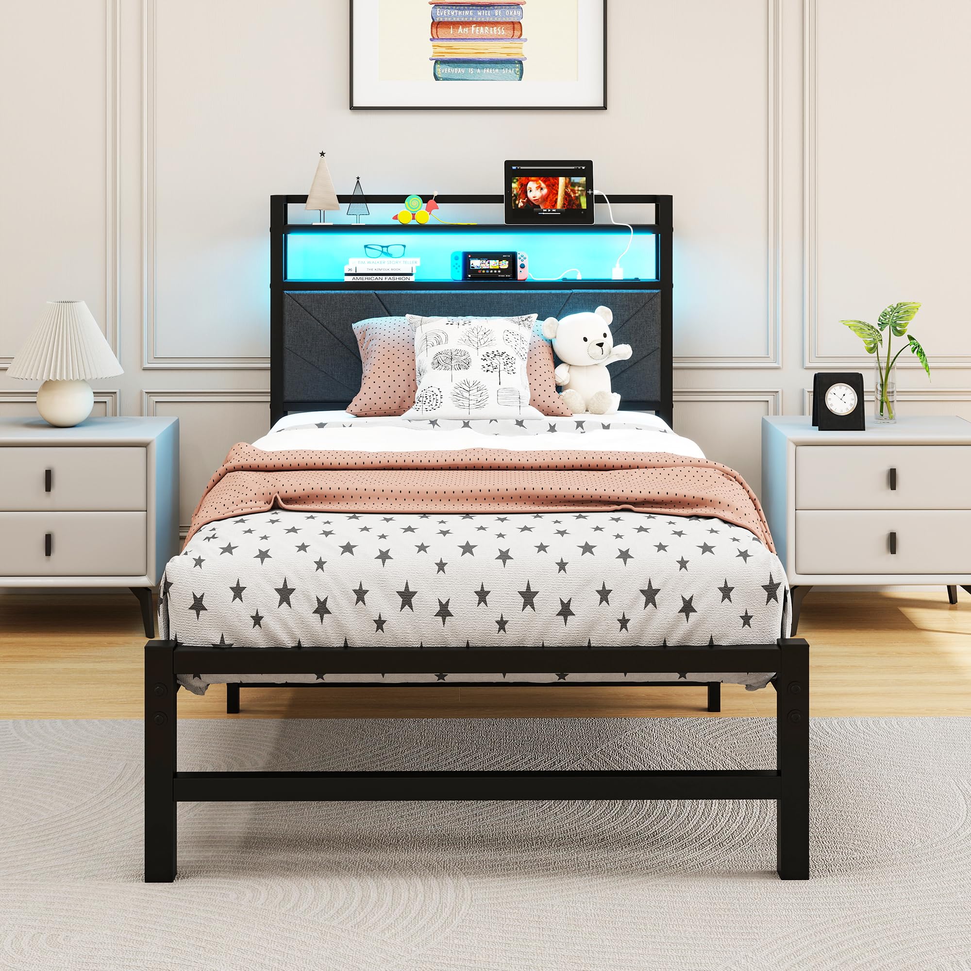 HOMERECOMMEND Single Bed Frames with Upholstered Storage Shelf and LED Lights,Upholstered Bed Frame,Mattress Foundation/Strong Steel Slat