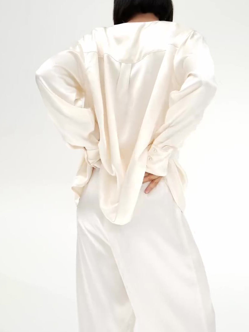 Cream Satin Tie-Front Top And Wide-Leg Pants Set