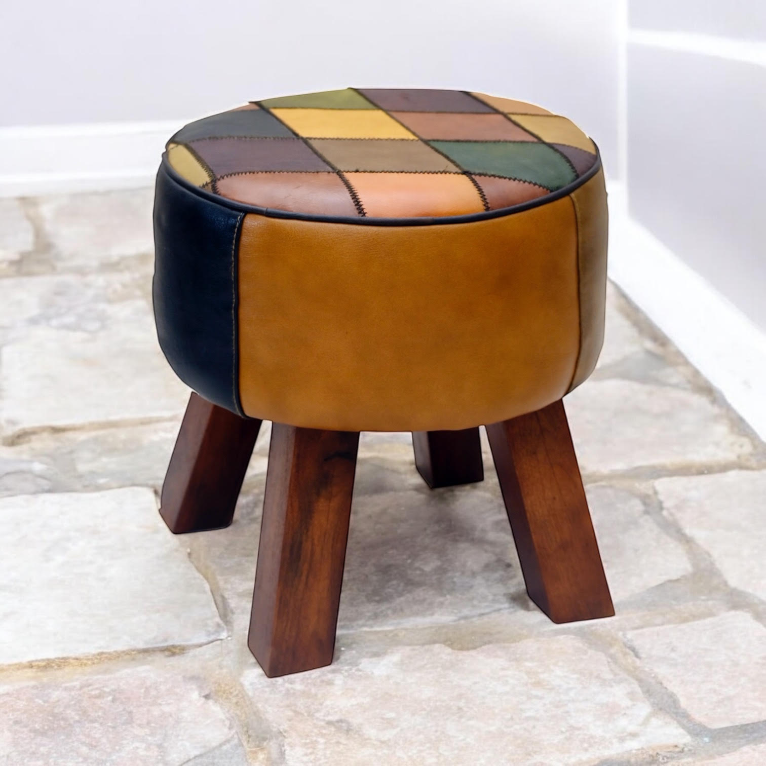 42CM LEATHER STOOL Harlequin diamond pattern