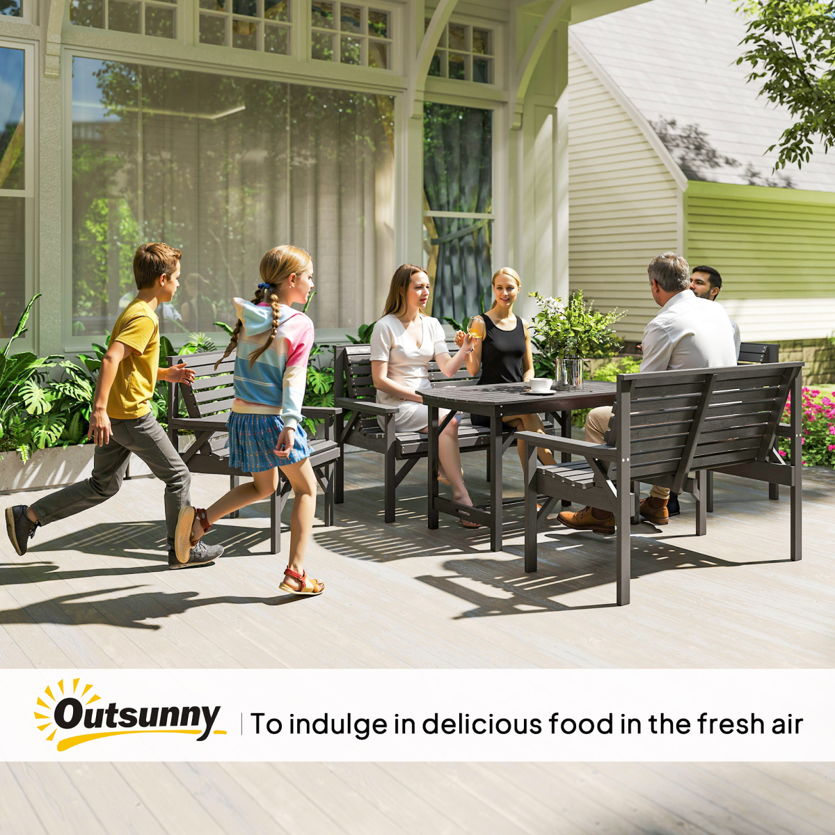 Outsunny 5PC Patio Dining Set Wooden Table and Chairs w/ Umbrella Hole Grey