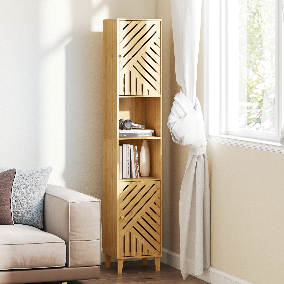 HOMCOM Tall Bathroom Cabinet with Open Compartments and Adjustable Shelves