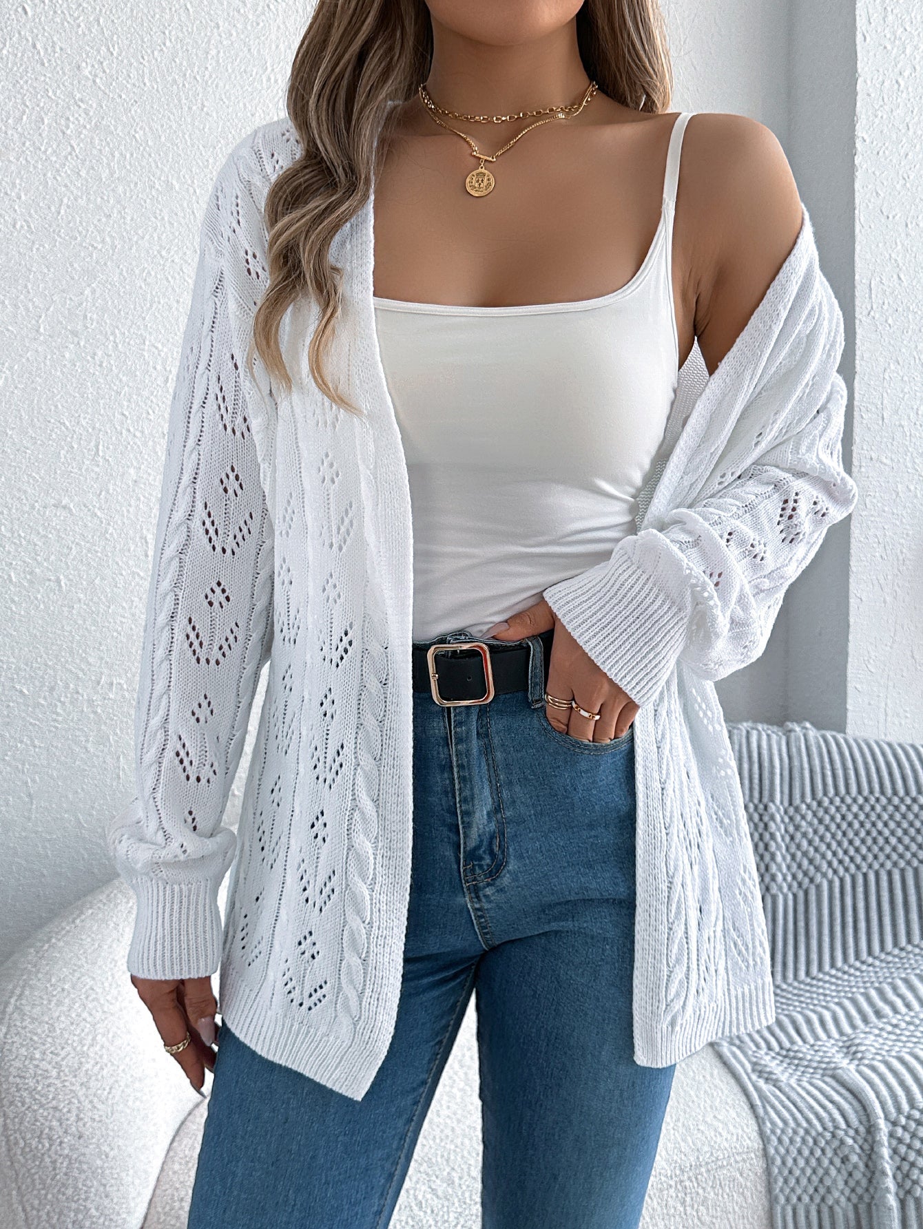 Women Casual Solid Color Hollow Out Long Sleeve Cardigan Sweater Coat