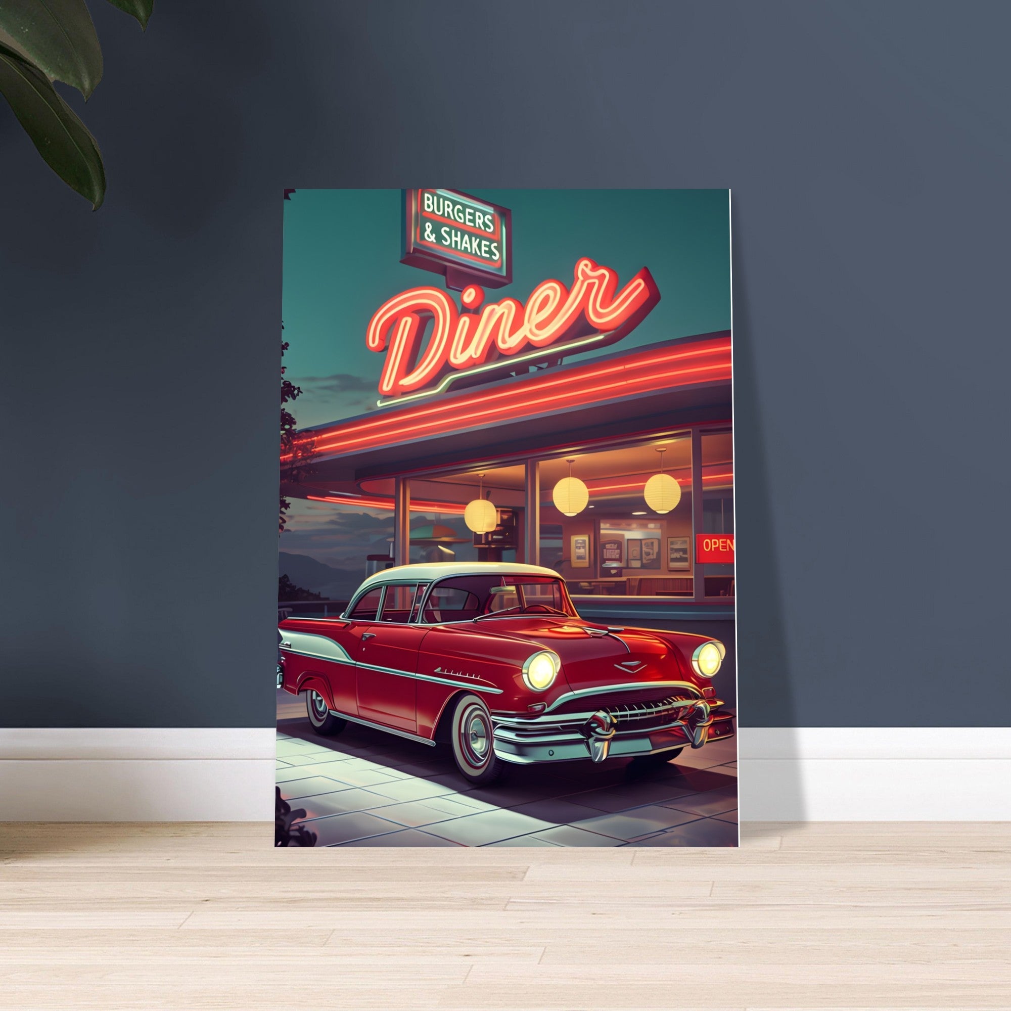 Vintage Red Car and Retro Diner Poster - Classic Americana Wall Art on Semi-Glossy Paper