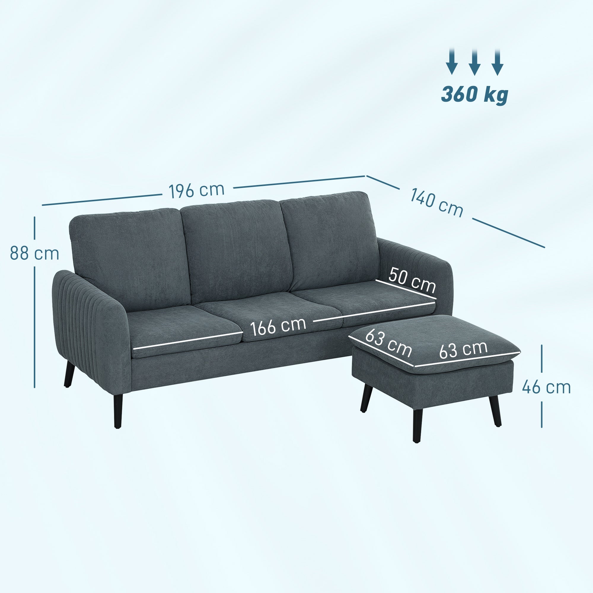 HOMCOM 3 Seater Corner Sofa Couch Settee with Chaise Lounge, Charcoal Grey