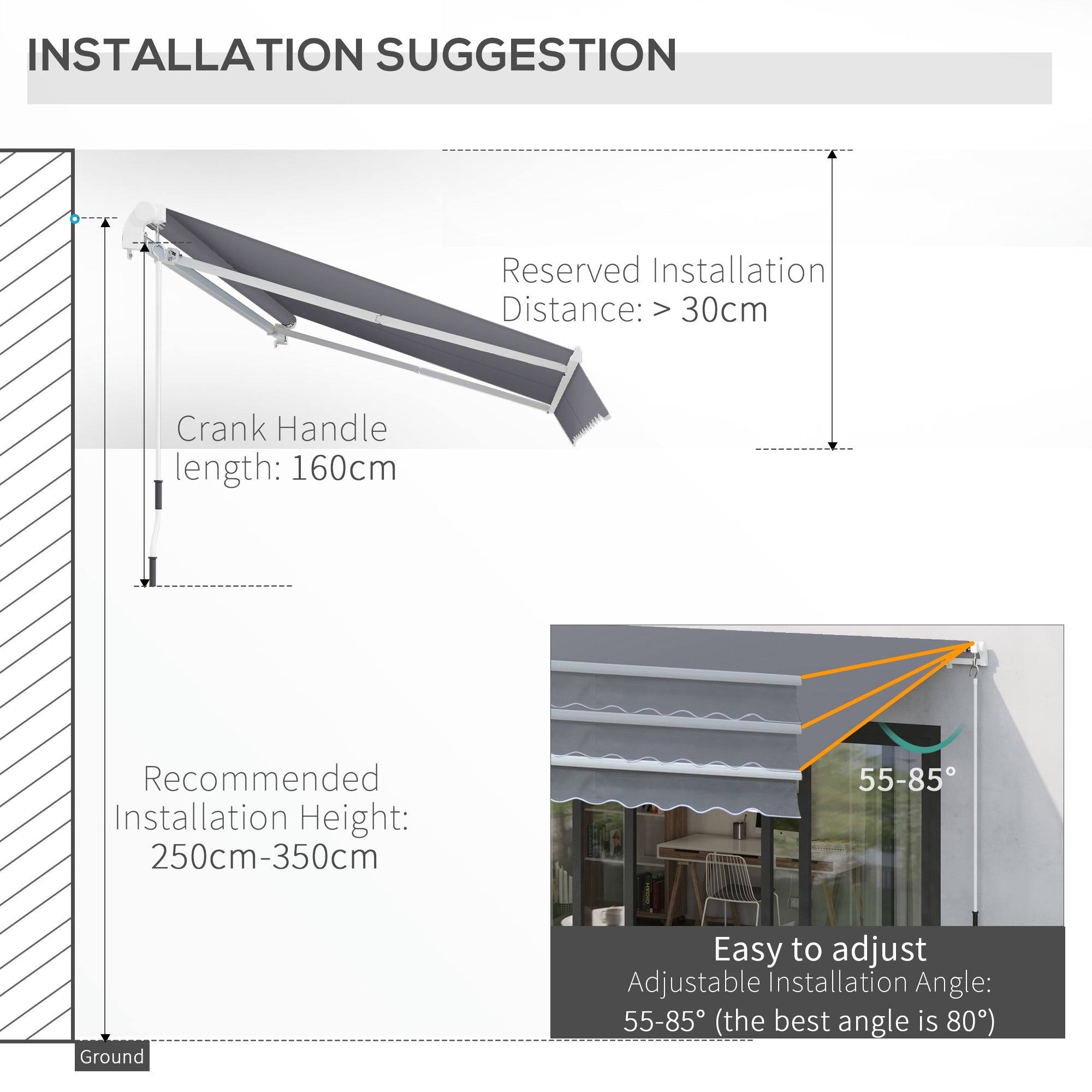3x2.5m Manual Awning Canopy Sun Shade Shelter with Winding Handle, Grey