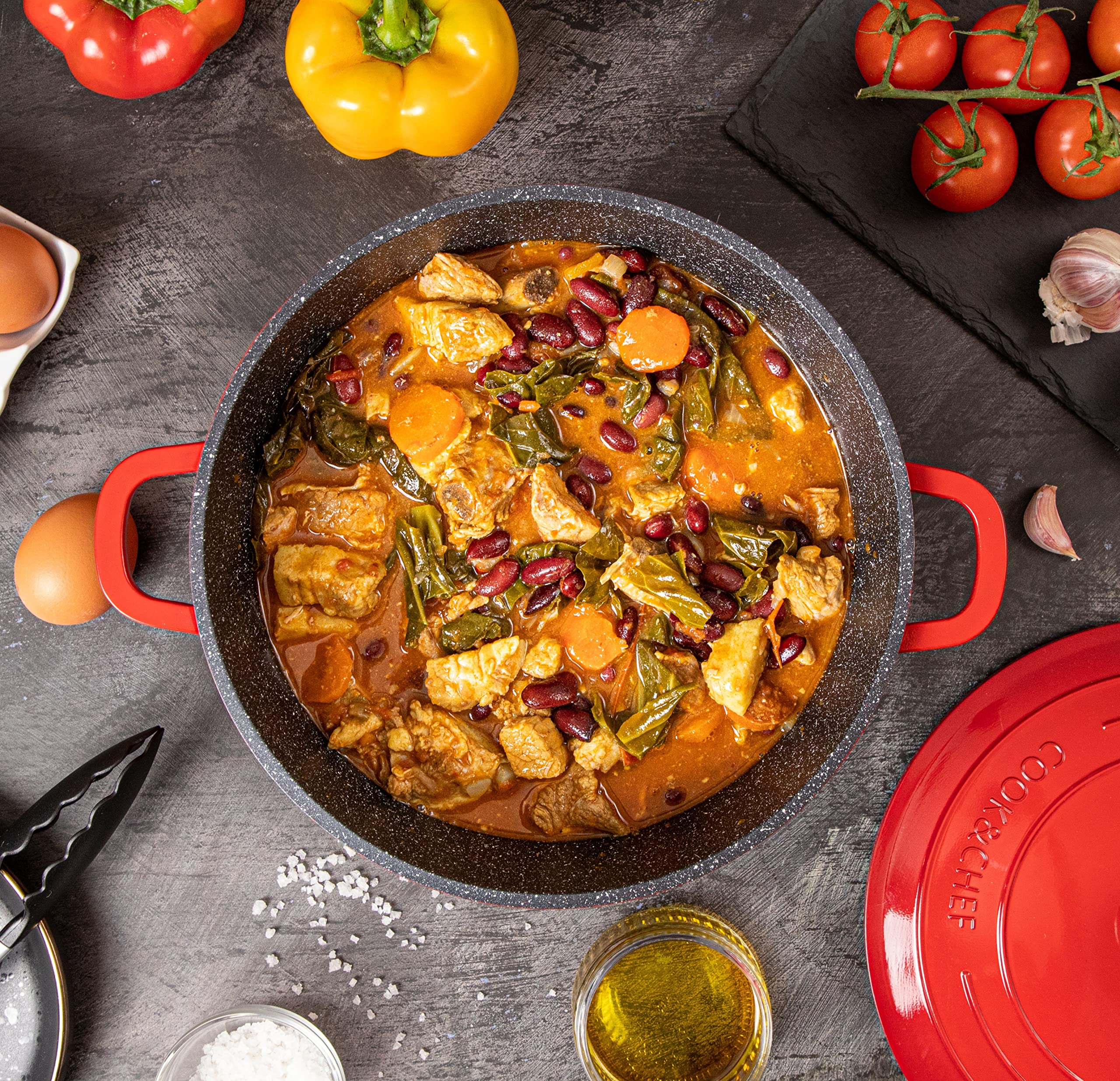 Non-Stick Aluminium Pot with Lid Sturdy Deep Dutch Oven Casserole Pot with Ergonomic Handles 4L, 24cm, Red Oven Safe Cooking Pot by Nuovva