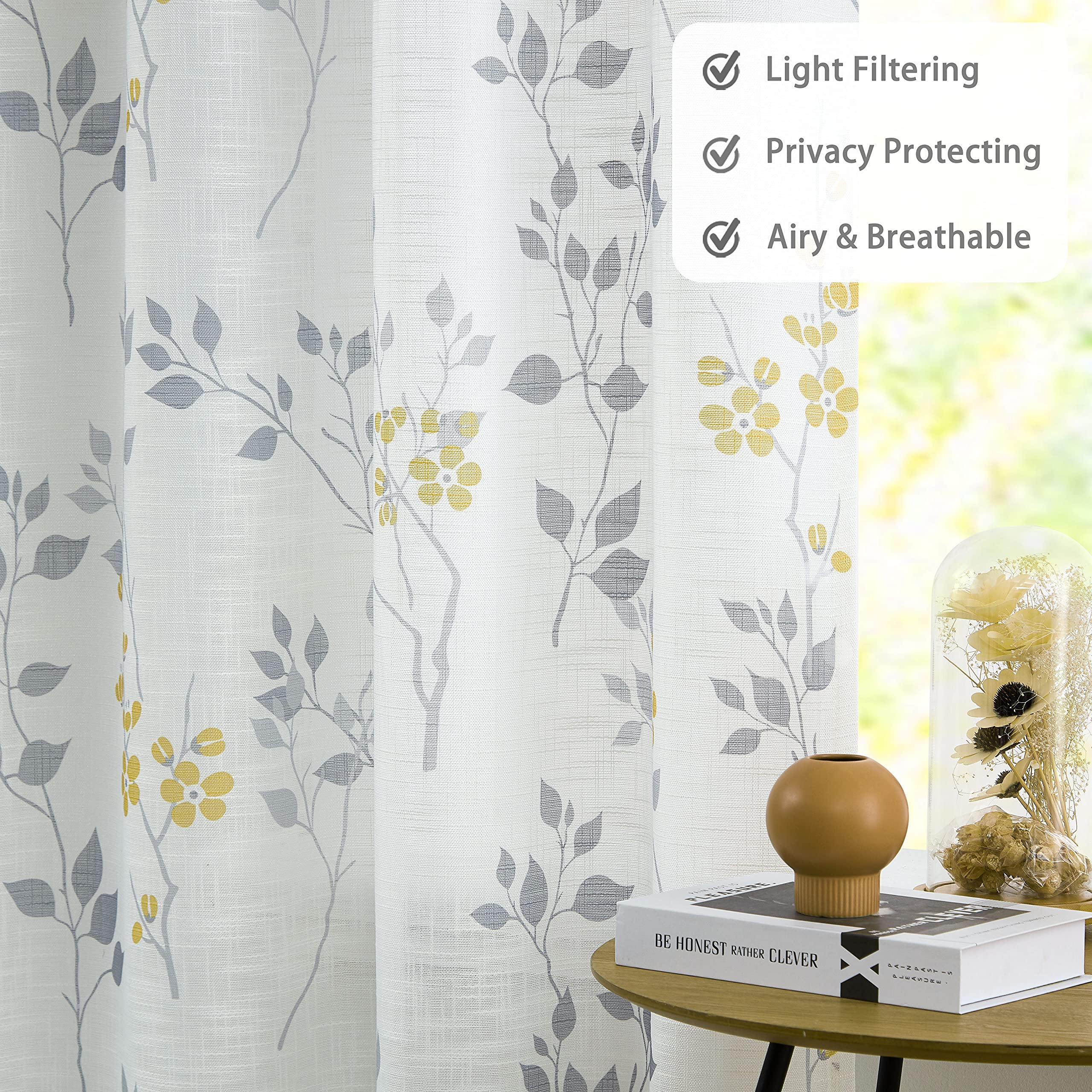 Beauoop Yellow Grey Semi Sheer Floral Curtains for Living Room 90 Drop Linen Textured Farmhouse Curtains for Bedroom Leaf Printed Eyelet Rustic Drapes