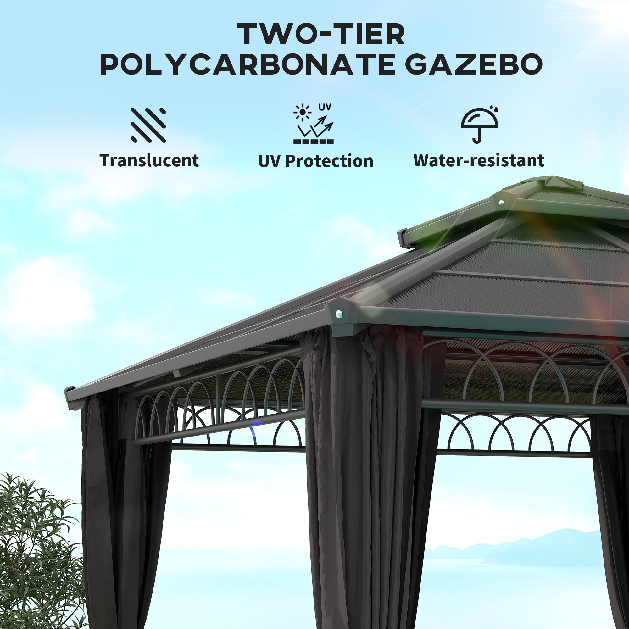 Outsunny 3 x 3 (m) Double Roof Hard Top Gazebo w/Nettings, Dark Grey
