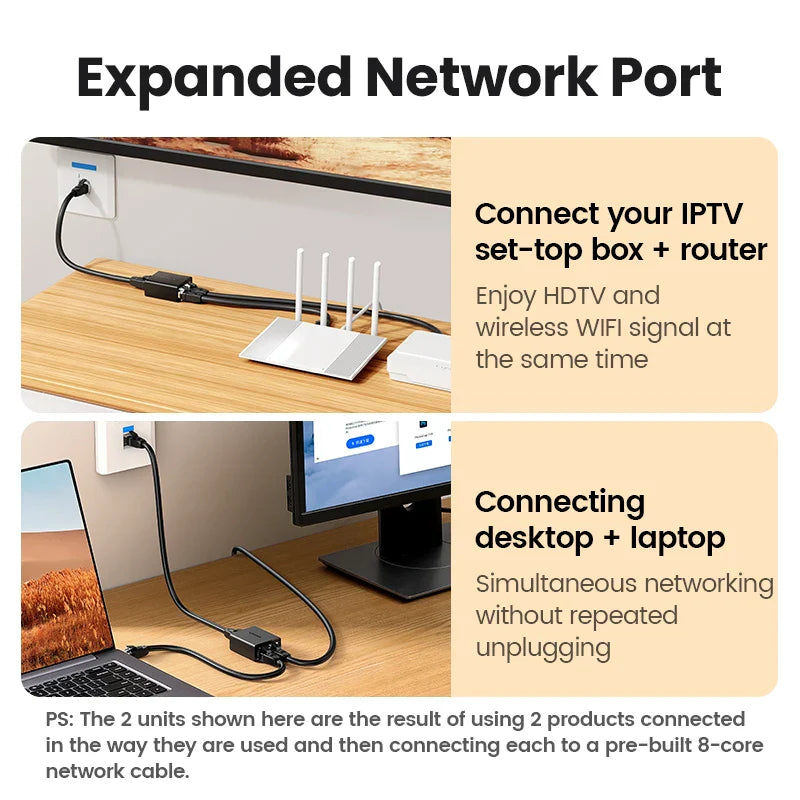 UGREEN RJ45 Splitter 1 to 2 Ethernet Adapter Internet Network Cable Extender RJ45 Connector Coupler for PC Laptop TV Box Router