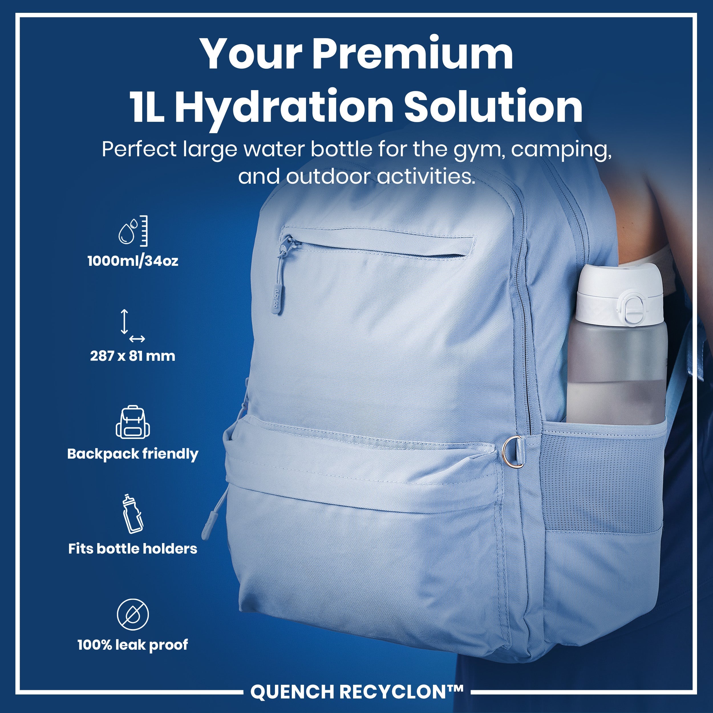Leak Proof 1 Litre Water Bottle with Times to Drink, Recyclon, Ice, 1L