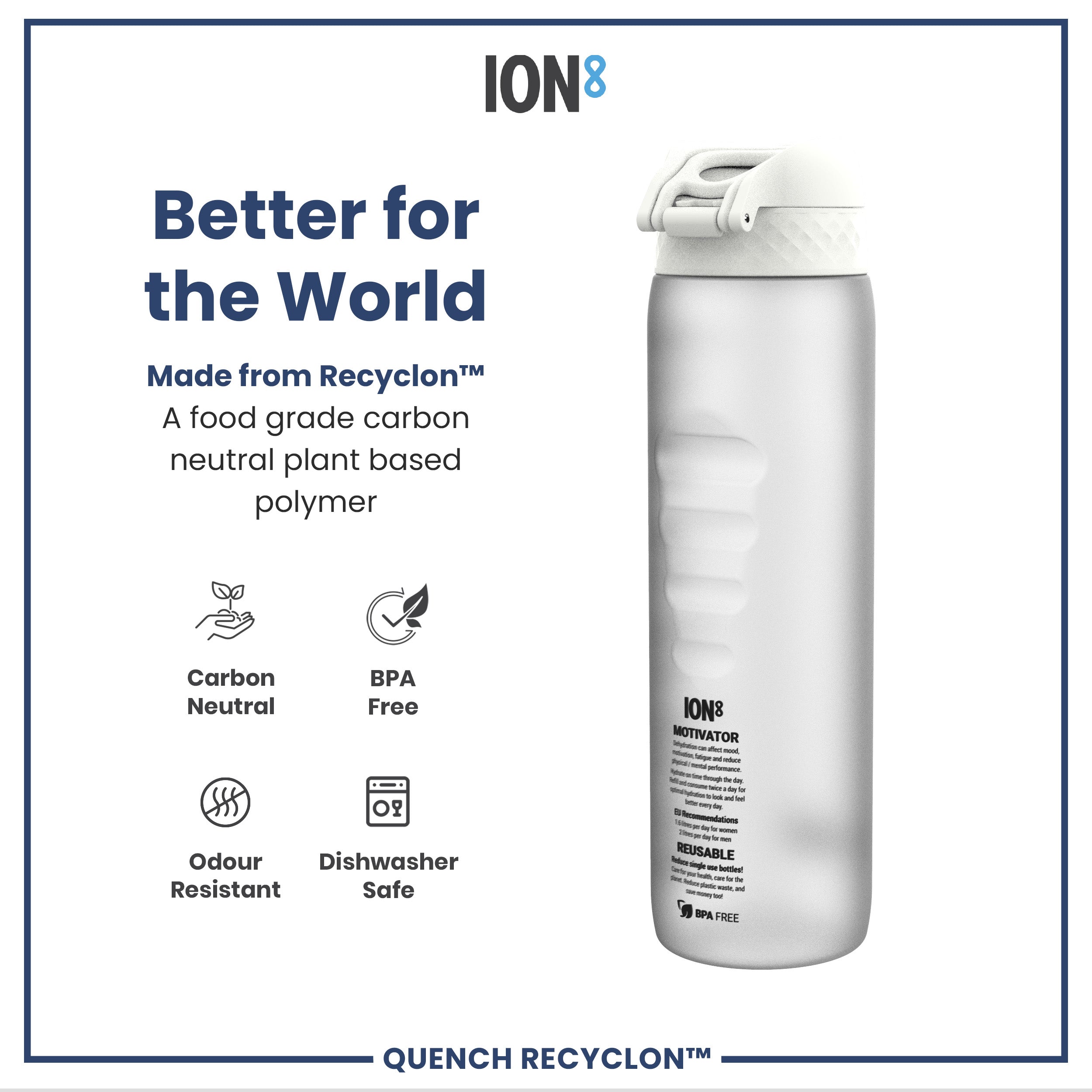 Leak Proof 1 Litre Water Bottle with Times to Drink, Recyclon, Ice, 1L