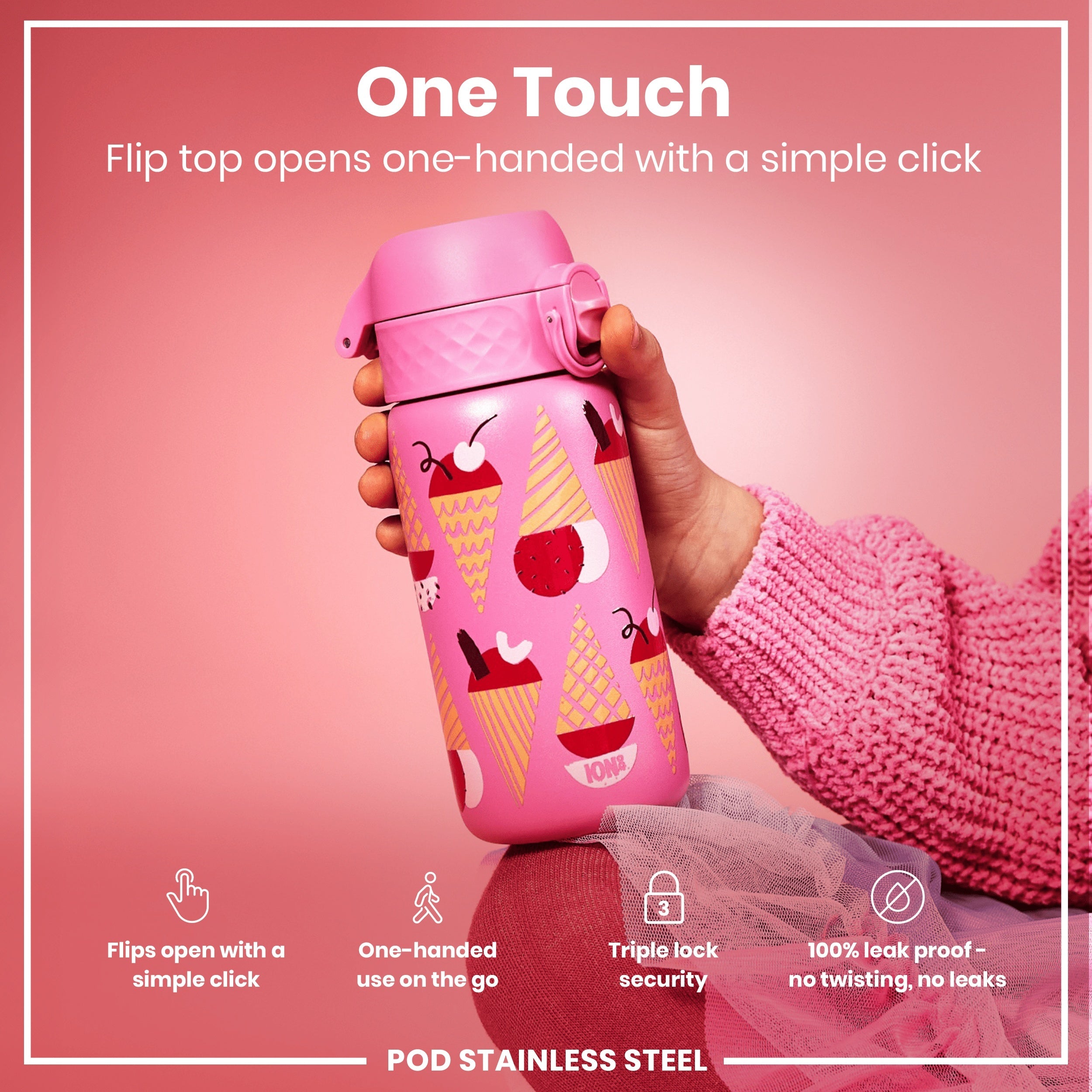 Leak Proof Kids Water Bottle, Stainless Steel, Ice Creams, 400ml (13oz)