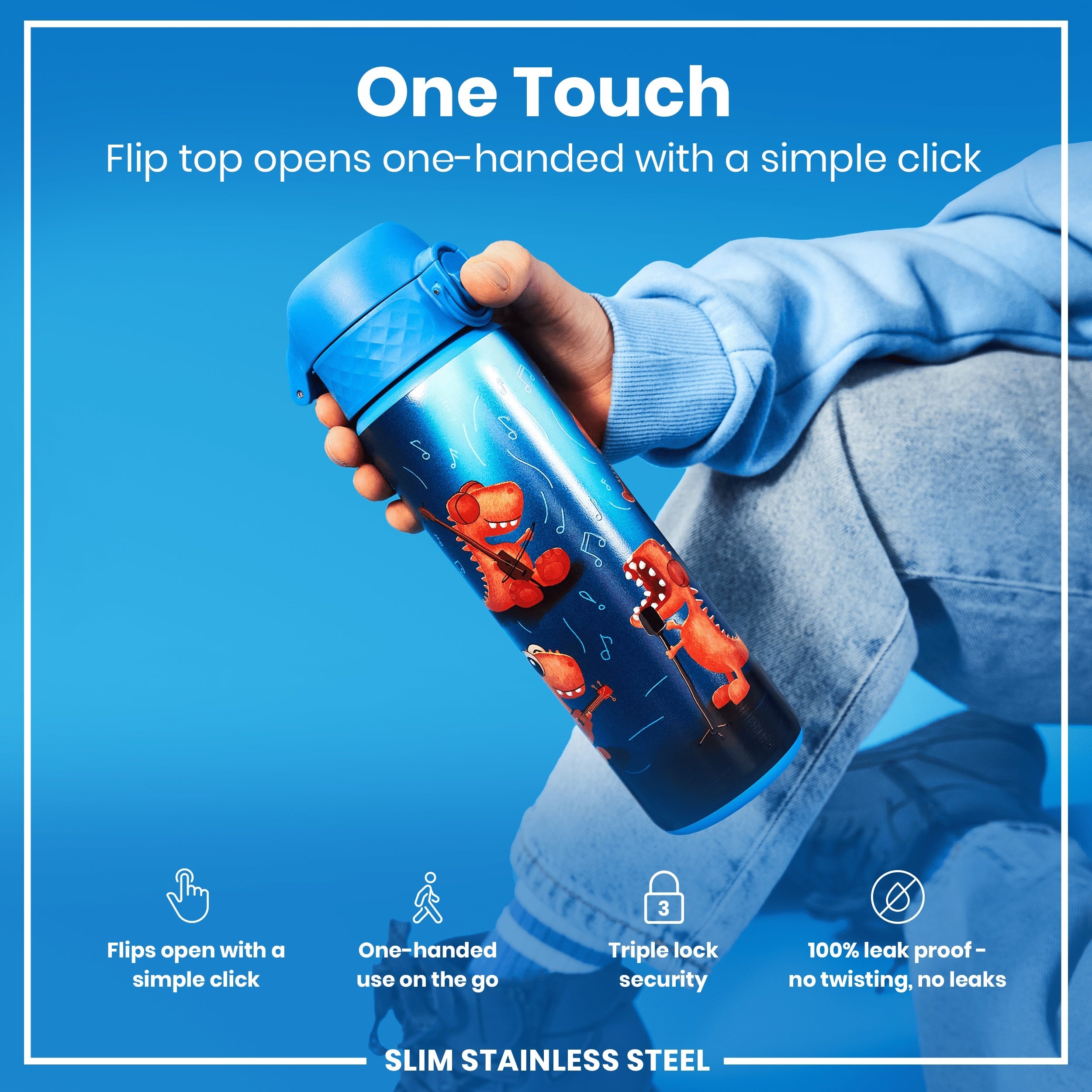 Leak Proof Slim Water Bottle, Stainless Steel, Dino Band, 600ml (20oz)